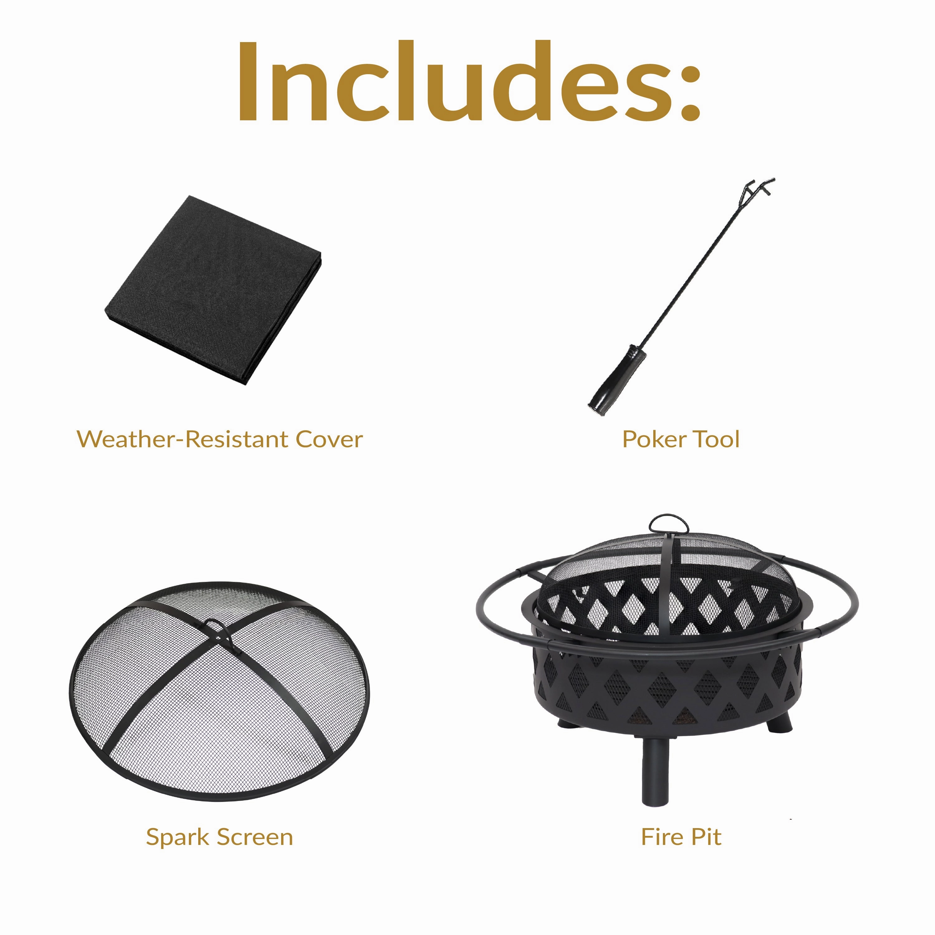 Sunnydaze Black Crossweave Wood Fire Pit with Cover, Spark Screen, Grate, and Poker