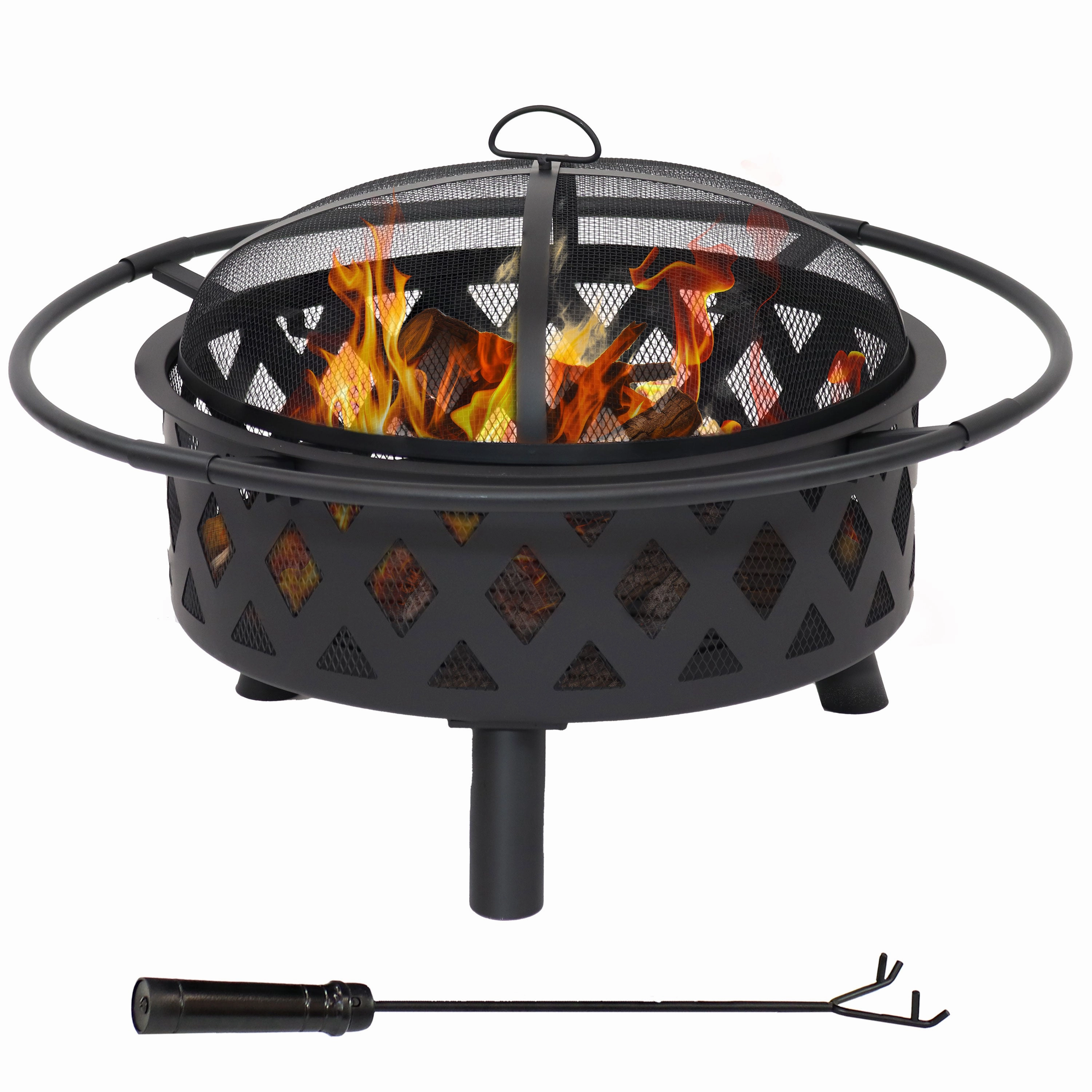 Sunnydaze Black Crossweave Wood Fire Pit with Cover, Spark Screen, Grate, and Pokerportable outdoor fire pit with lid