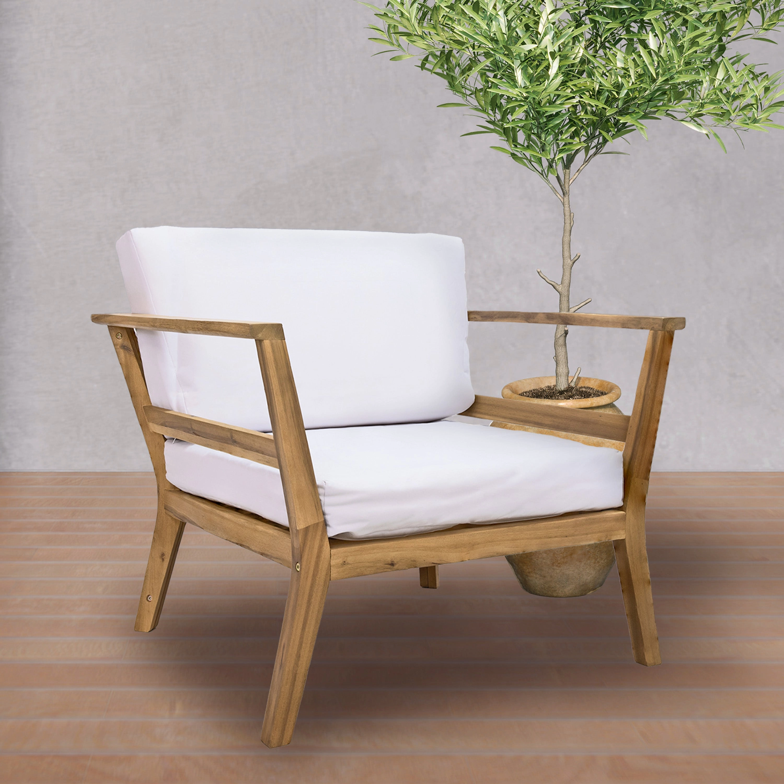 Sunnydaze Bodie Acacia Armchair with Cushions - Club Chair for Patio - Bone White Cushions
