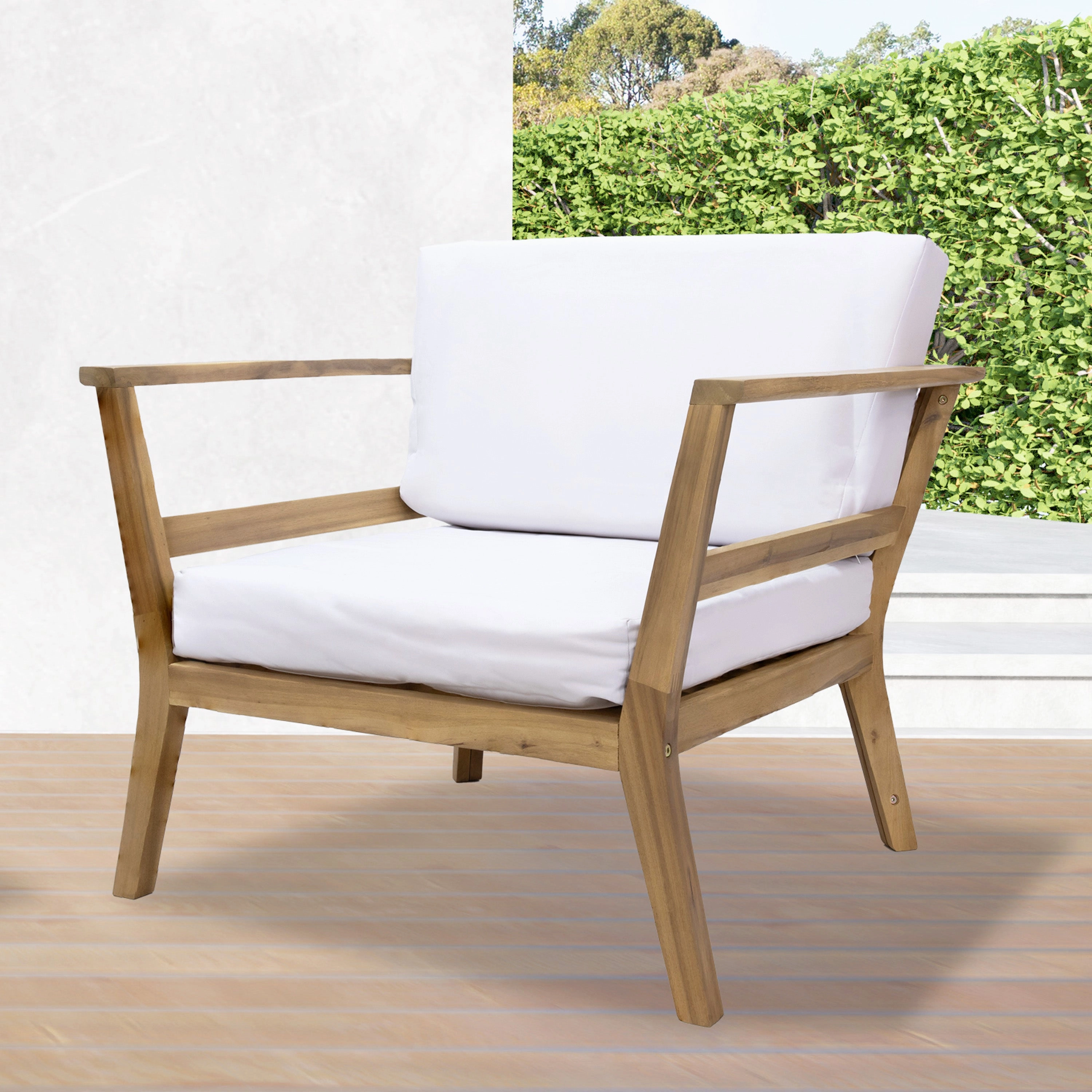 Sunnydaze Bodie Acacia Armchair with Cushions - Club Chair for Patio - Bone White Cushions