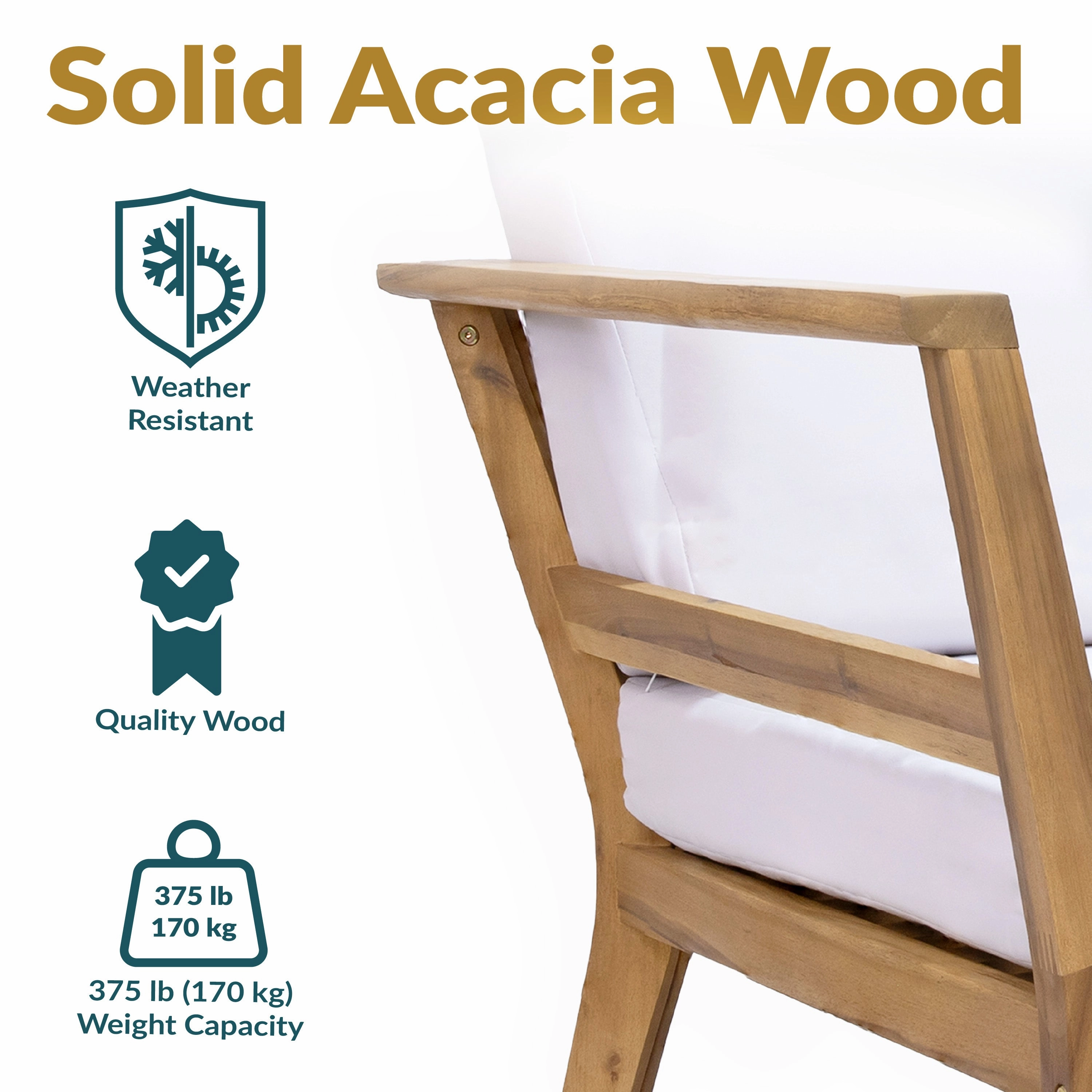 Sunnydaze Bodie Acacia Armchair with Cushions - Club Chair for Patio - Bone White Cushions
