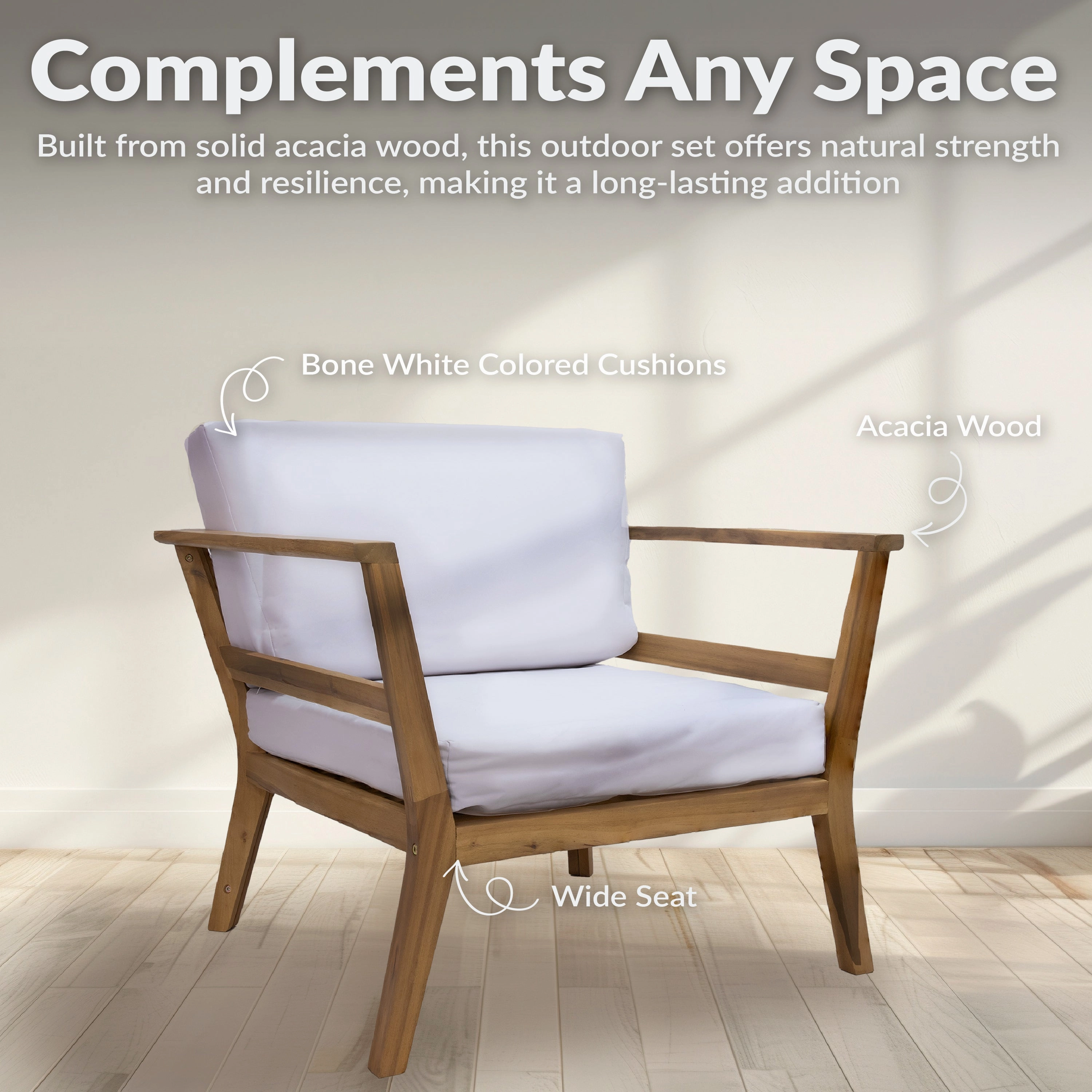 Sunnydaze Bodie Acacia Armchair with Cushions - Club Chair for Patio - Bone White Cushions