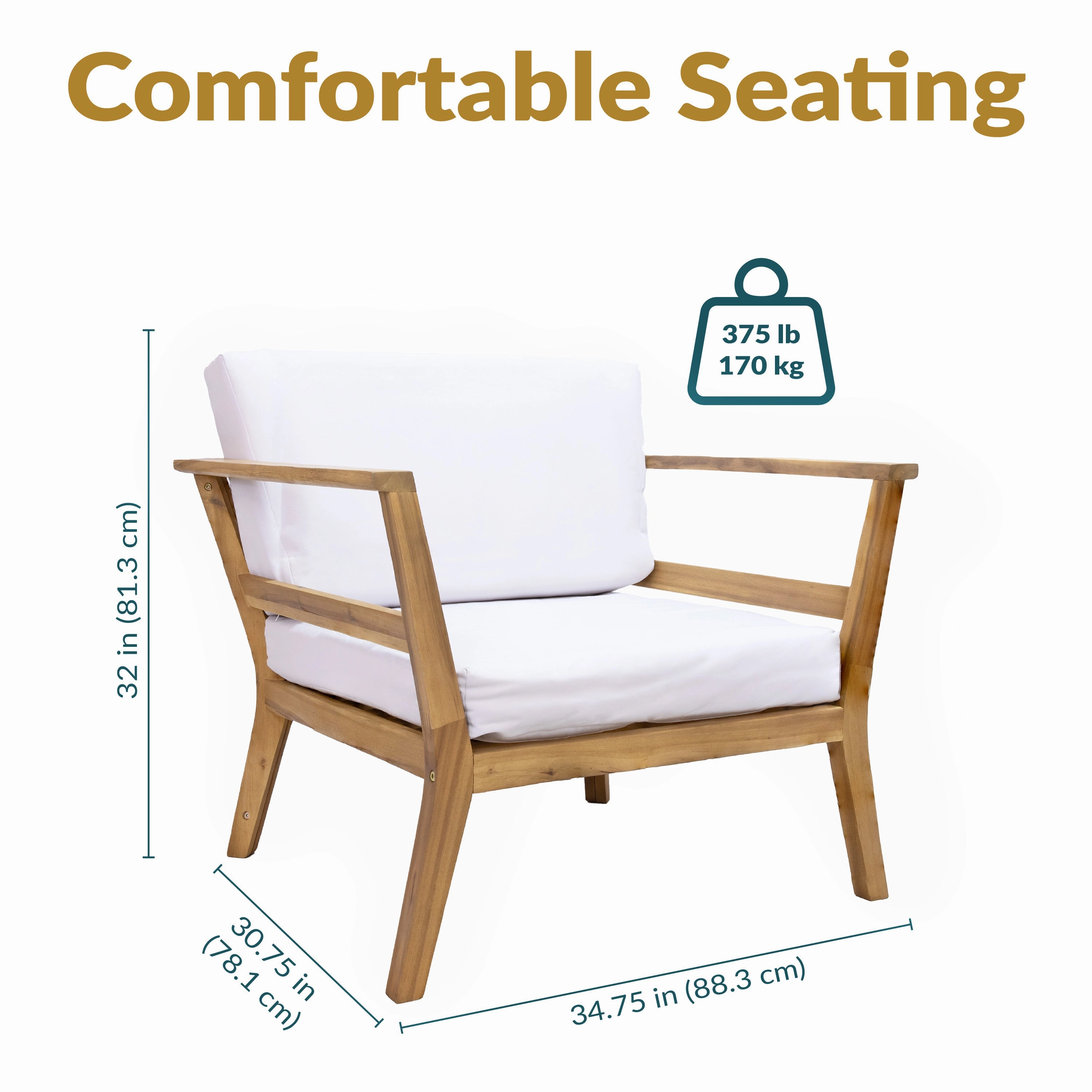 Sunnydaze Bodie Acacia Armchair with Cushions - Club Chair for Patio - Bone White Cushions