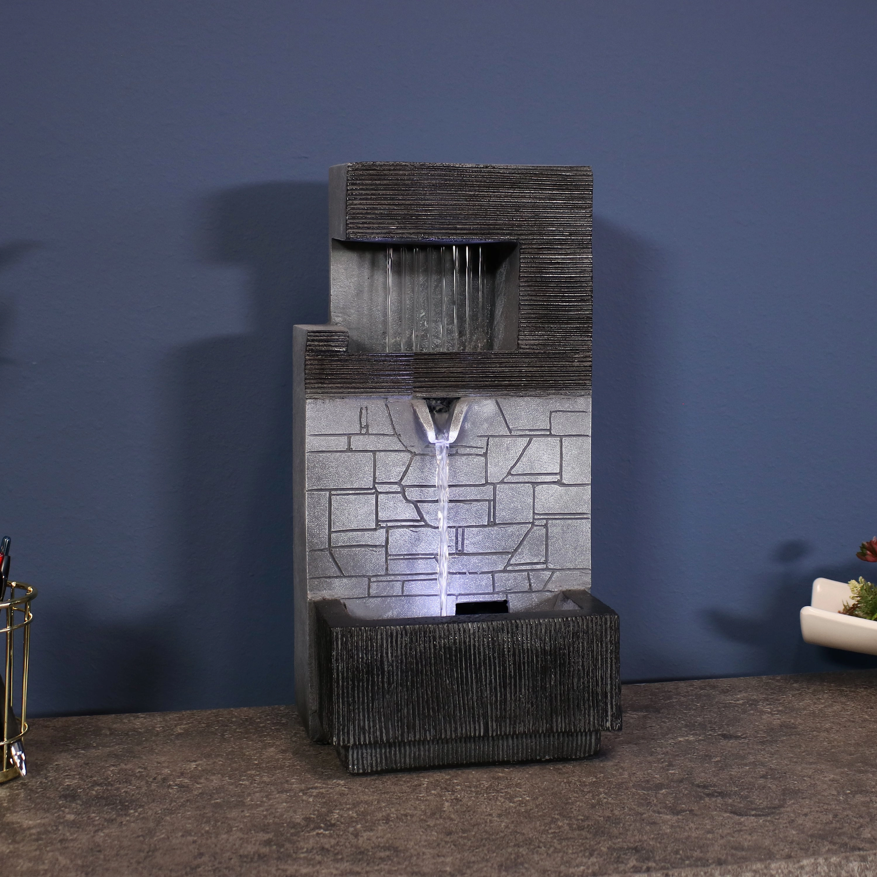 Sunnydaze Brick Wall Modern Tabletop Fountain with LED Light - 13"outdoor garden water fountain