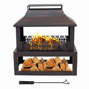 Sunnydaze Bronze Steel Outdoor Fireplace with Log Storage - 35" Hportable outdoor fire pit with lid