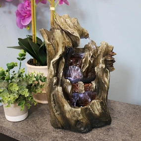 Sunnydaze Cascading Caves Tree Trunk Waterfall Fountain with LED Lights - 14"outdoor garden water fountain