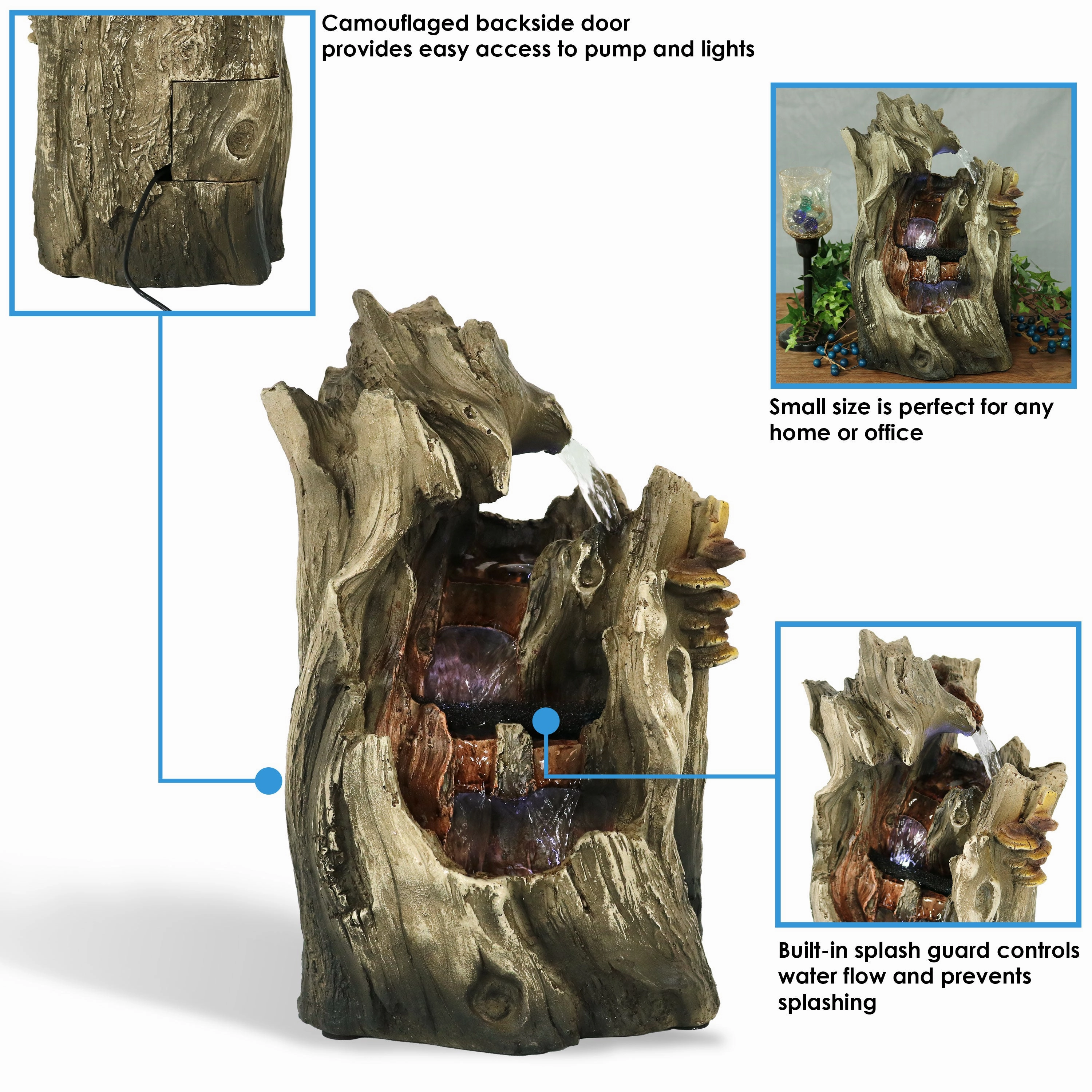 Sunnydaze Cascading Caves Tree Trunk Waterfall Fountain with LED Lights - 14"