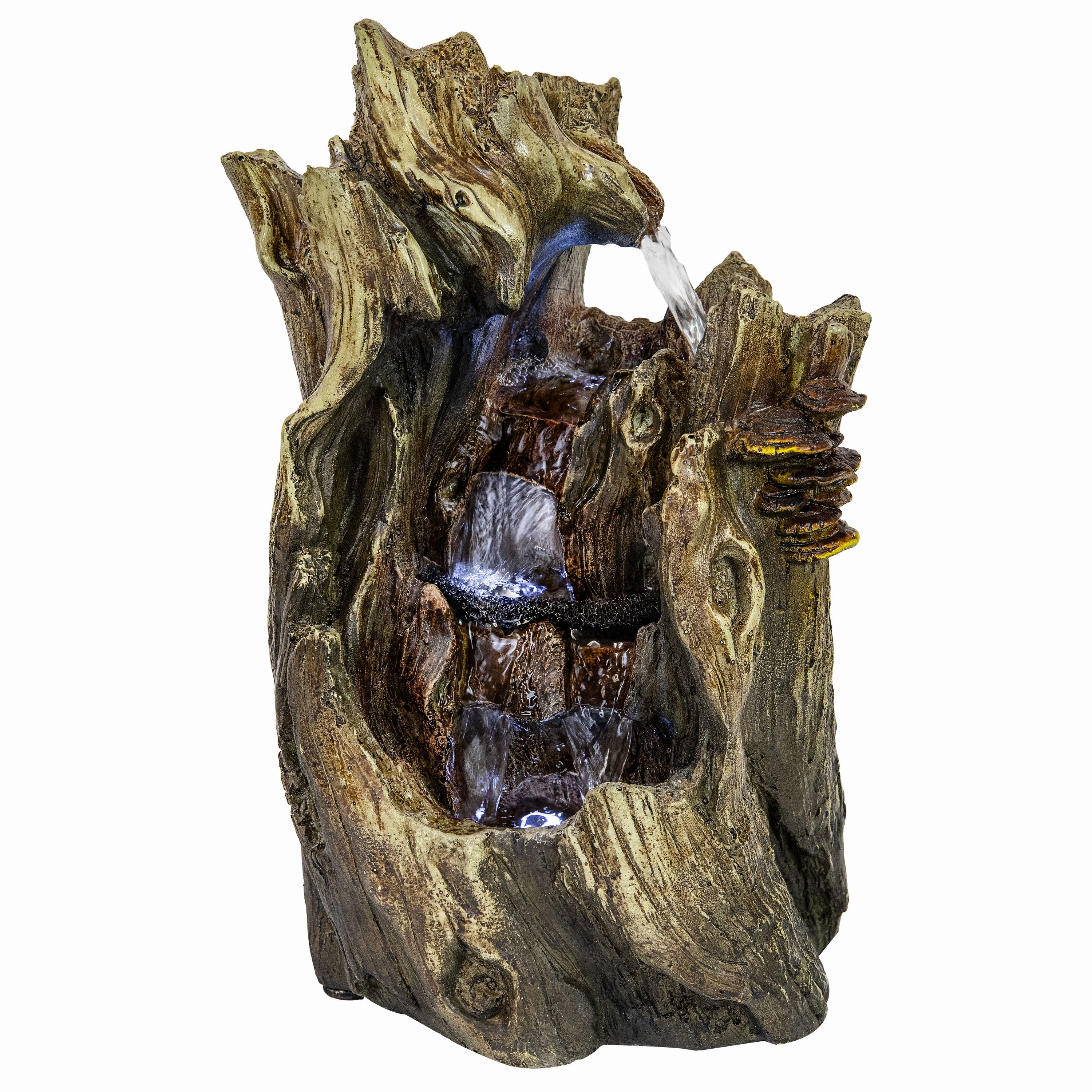 Sunnydaze Cascading Caves Tree Trunk Waterfall Fountain with LED Lights - 14"
