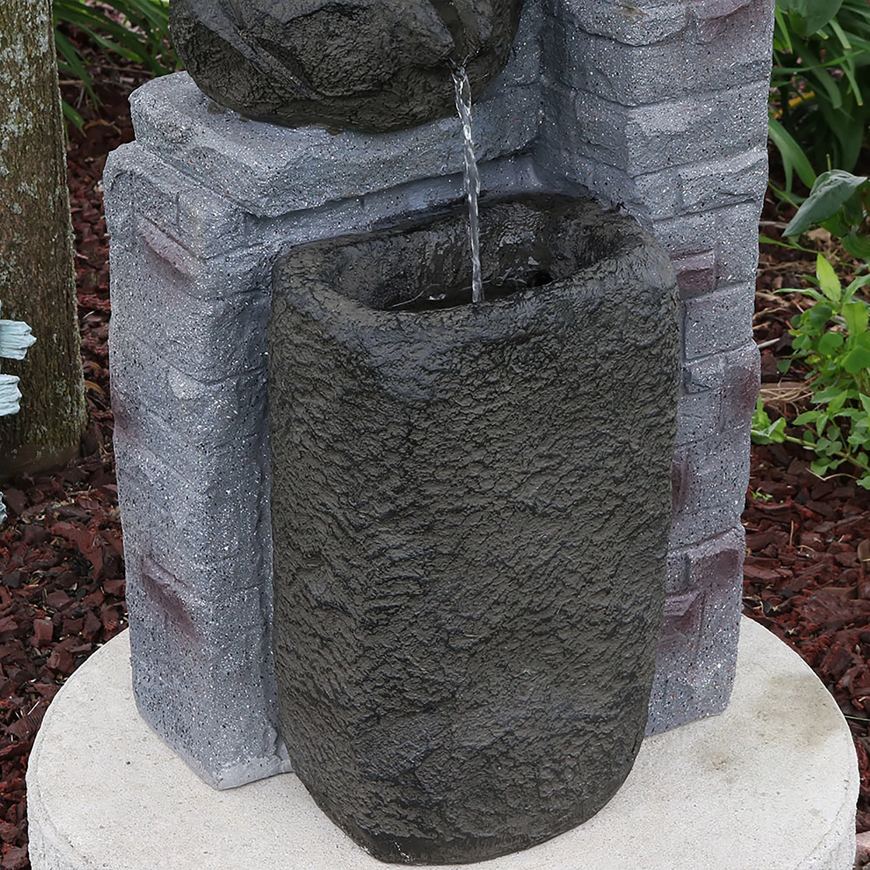 Sunnydaze Cascading Stone Bowls Solar-Powered Fountain with Battery Backup - 30"
