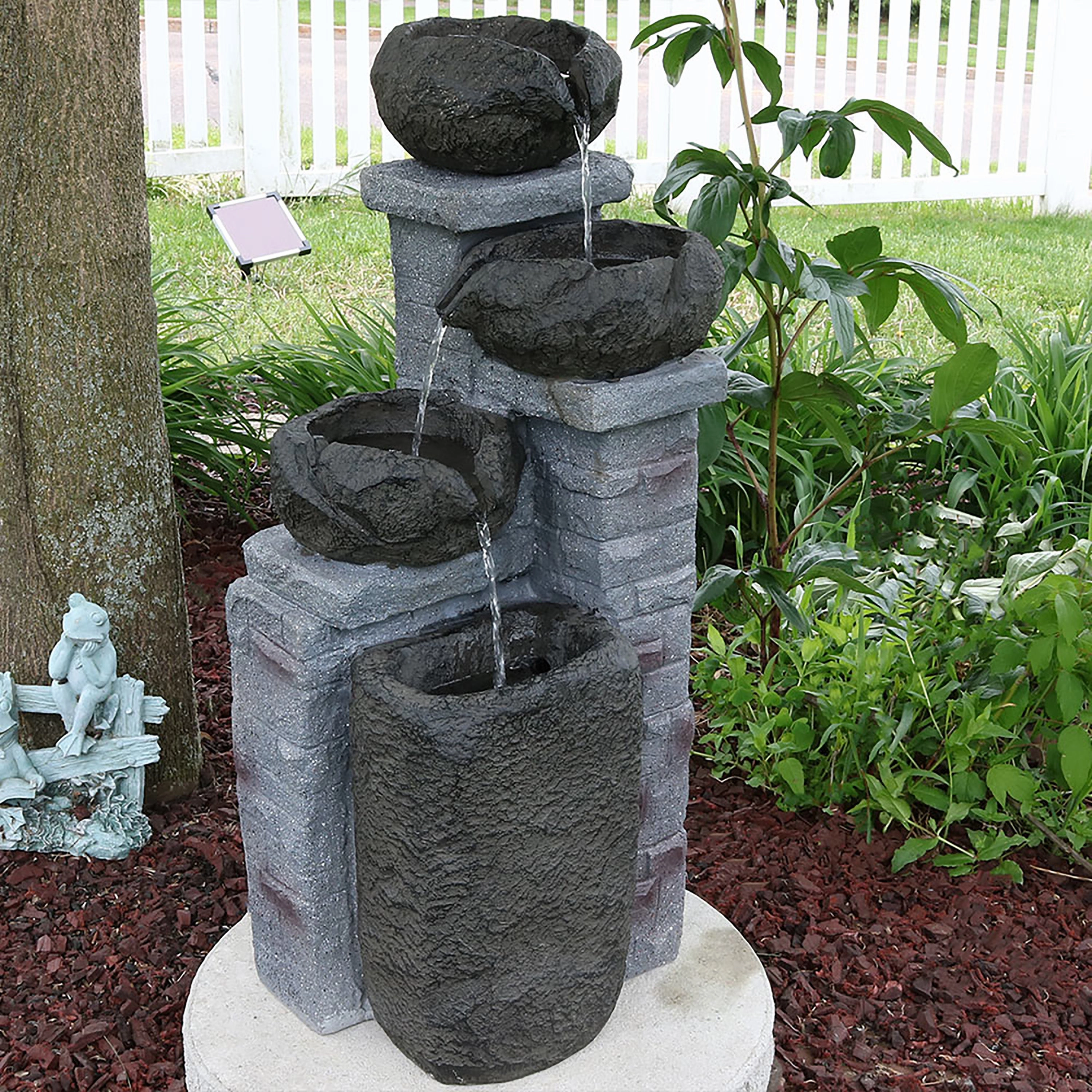 Sunnydaze Cascading Stone Bowls Solar-Powered Fountain with Battery Backup - 30"