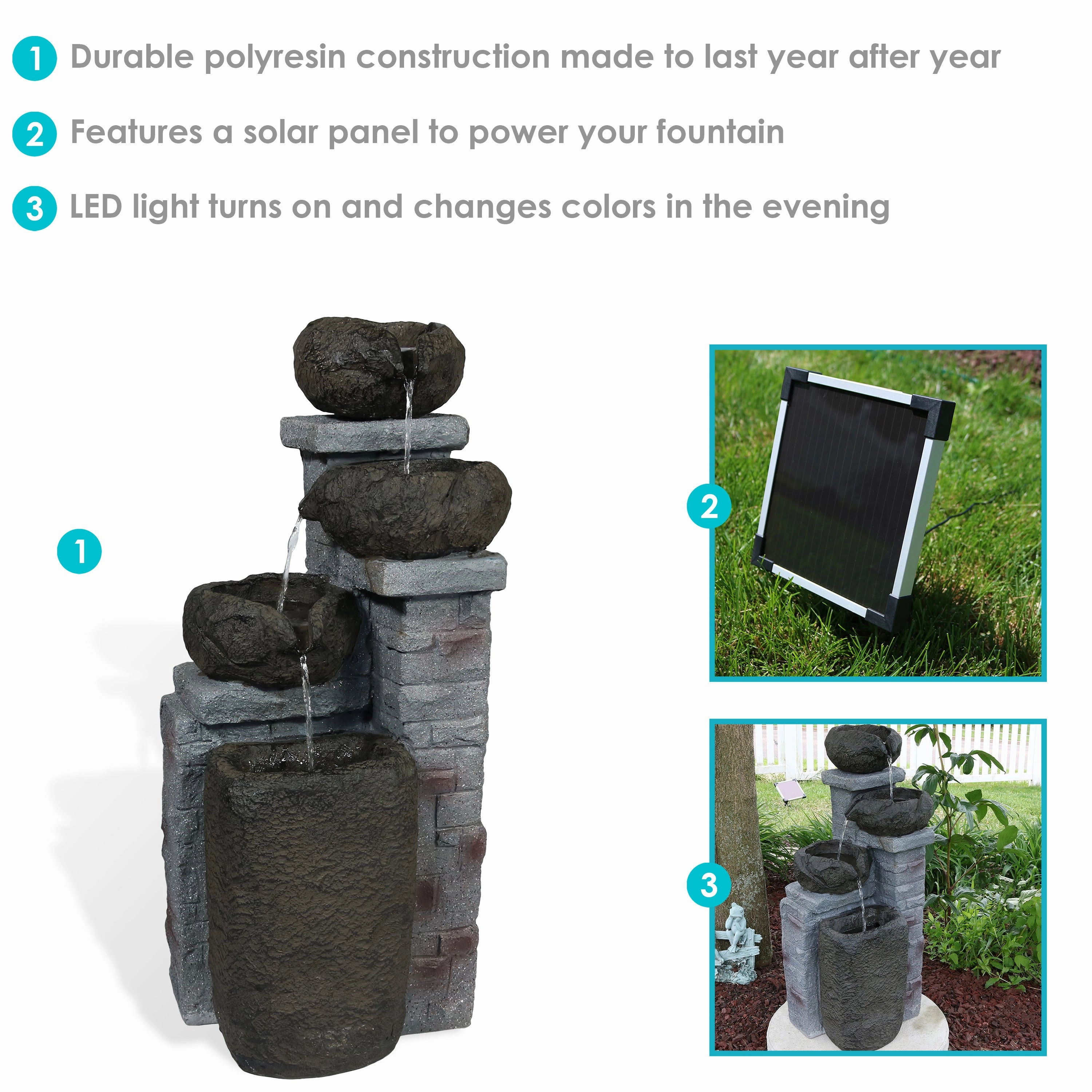 Sunnydaze Cascading Stone Bowls Solar-Powered Fountain with Battery Backup - 30"
