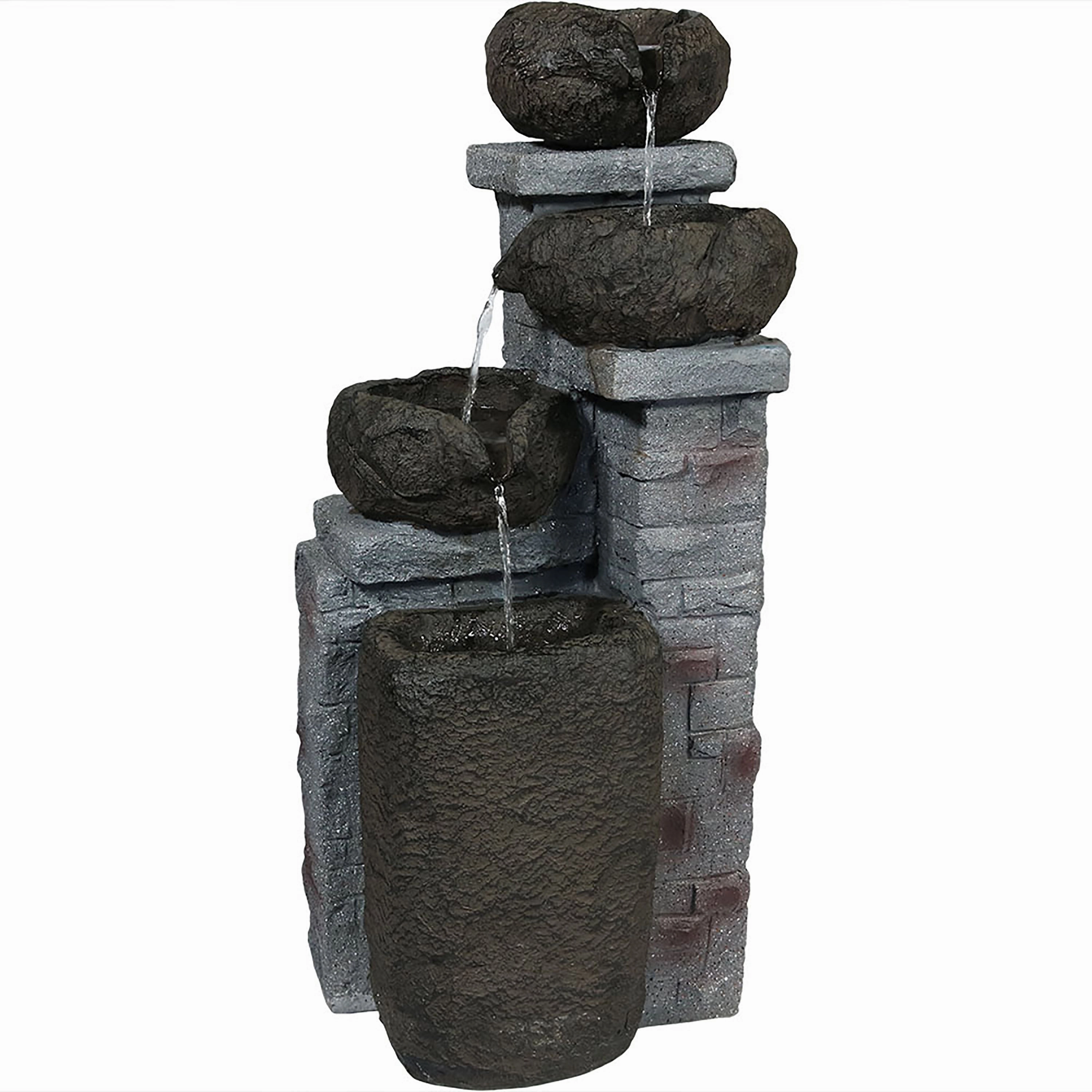 Sunnydaze Cascading Stone Bowls Solar-Powered Fountain with Battery Backup - 30"outdoor garden water fountain