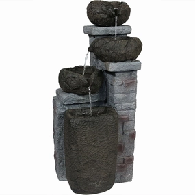 Sunnydaze Cascading Stone Bowls Solar-Powered Fountain with Battery Backup - 30"outdoor garden water fountain