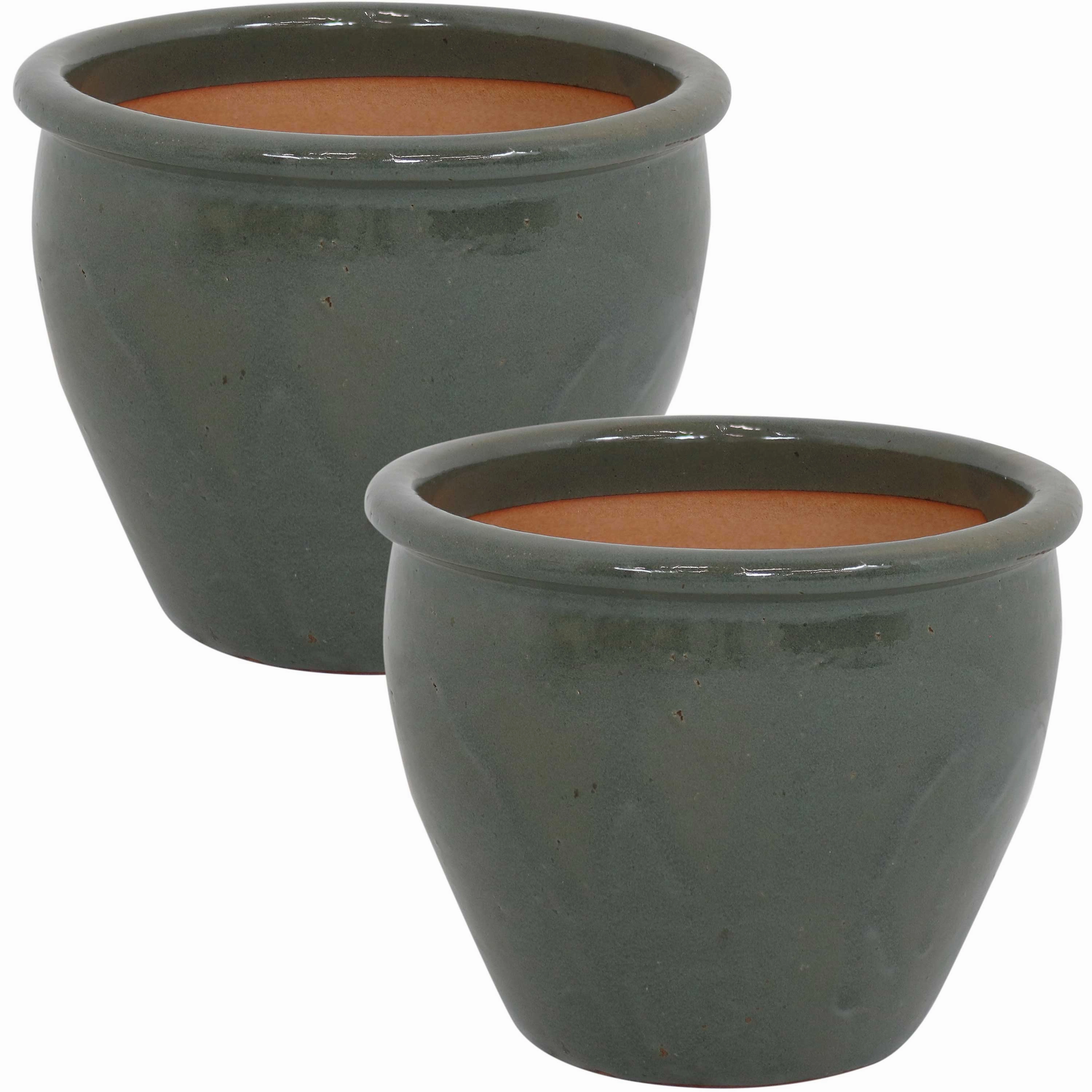 Sunnydaze Chalet Glazed Ceramic Planter with Drainage Holes - Set of 2