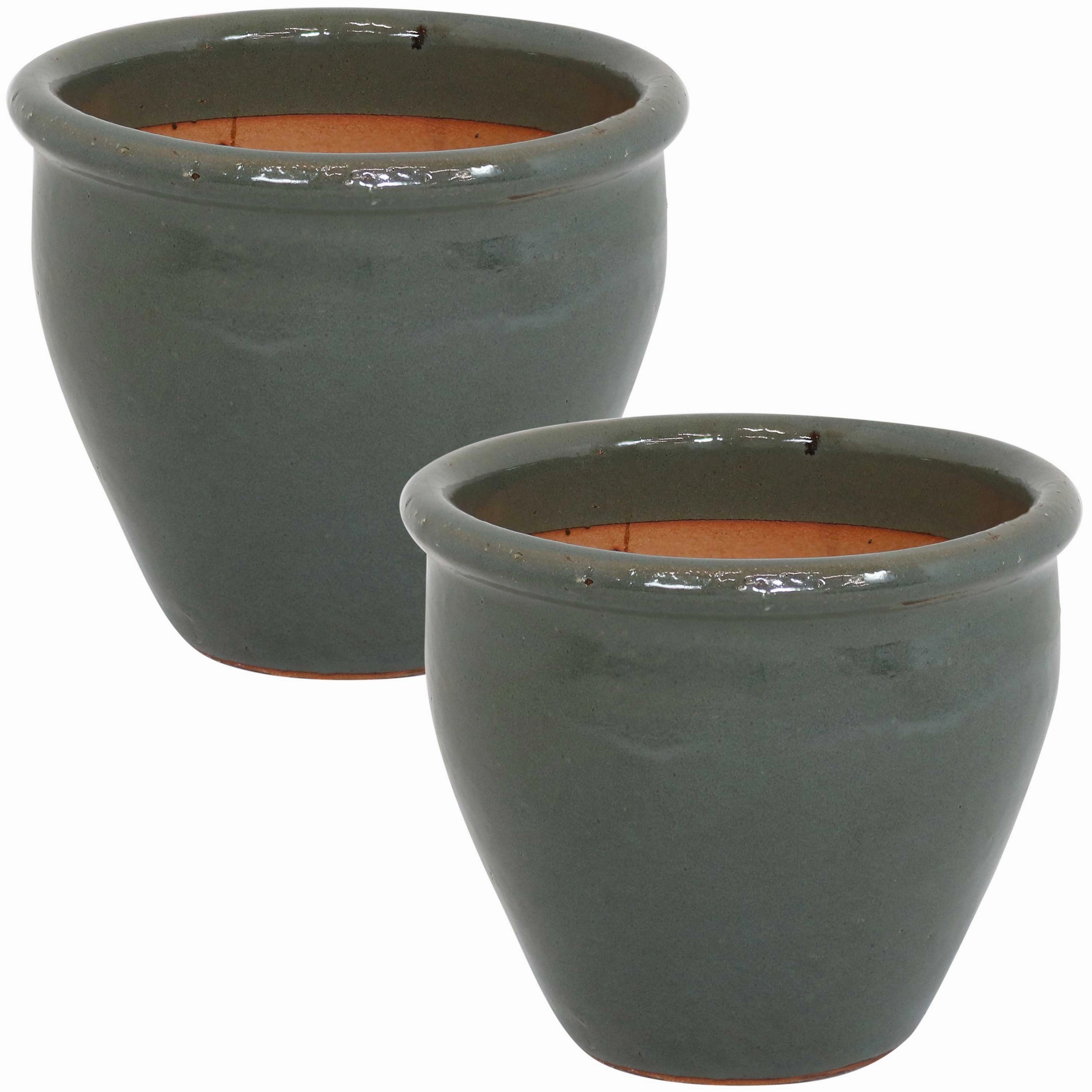 Sunnydaze Chalet Glazed Ceramic Planter with Drainage Holes - Set of 2