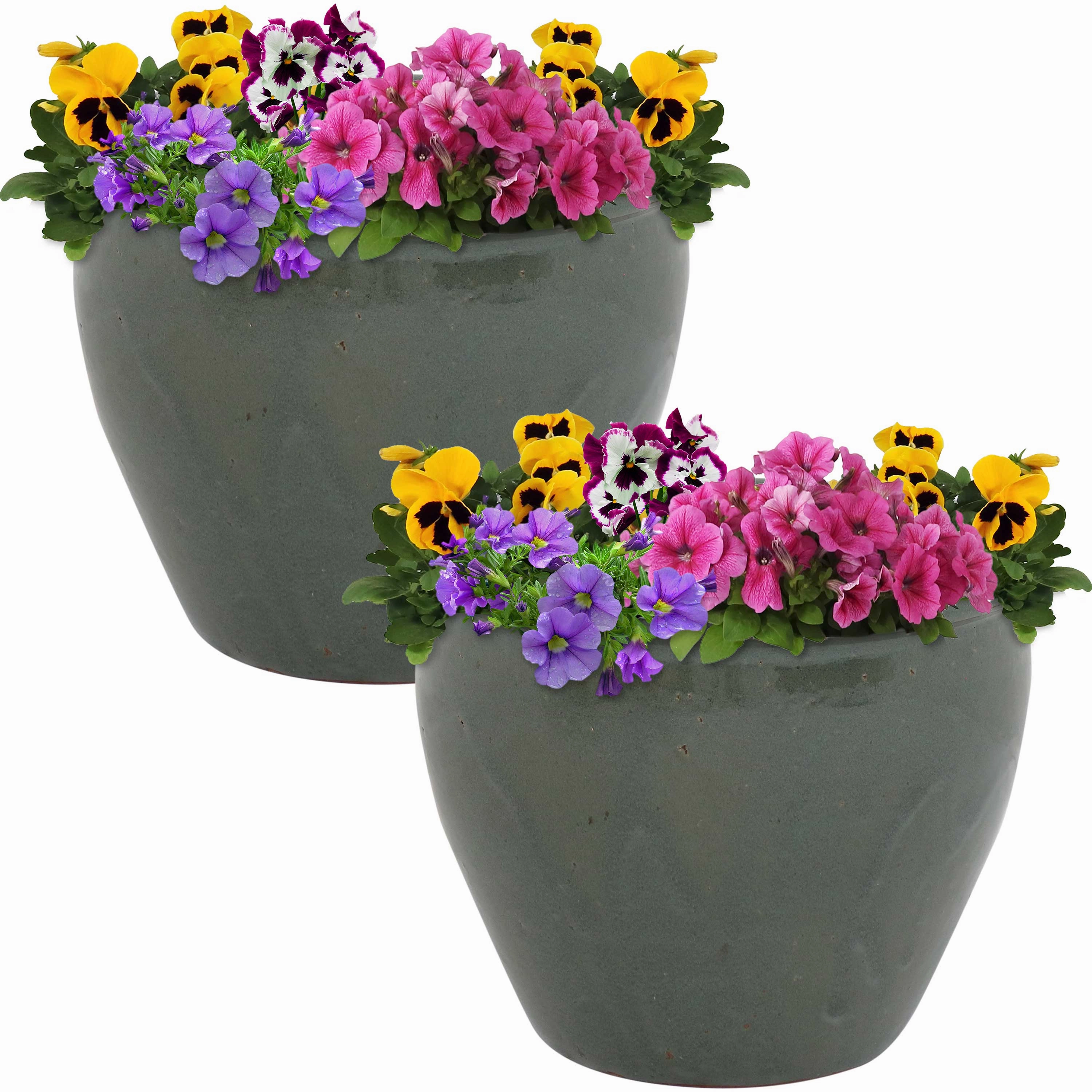 Sunnydaze Chalet Glazed Ceramic Planter with Drainage Holes - Set of 2