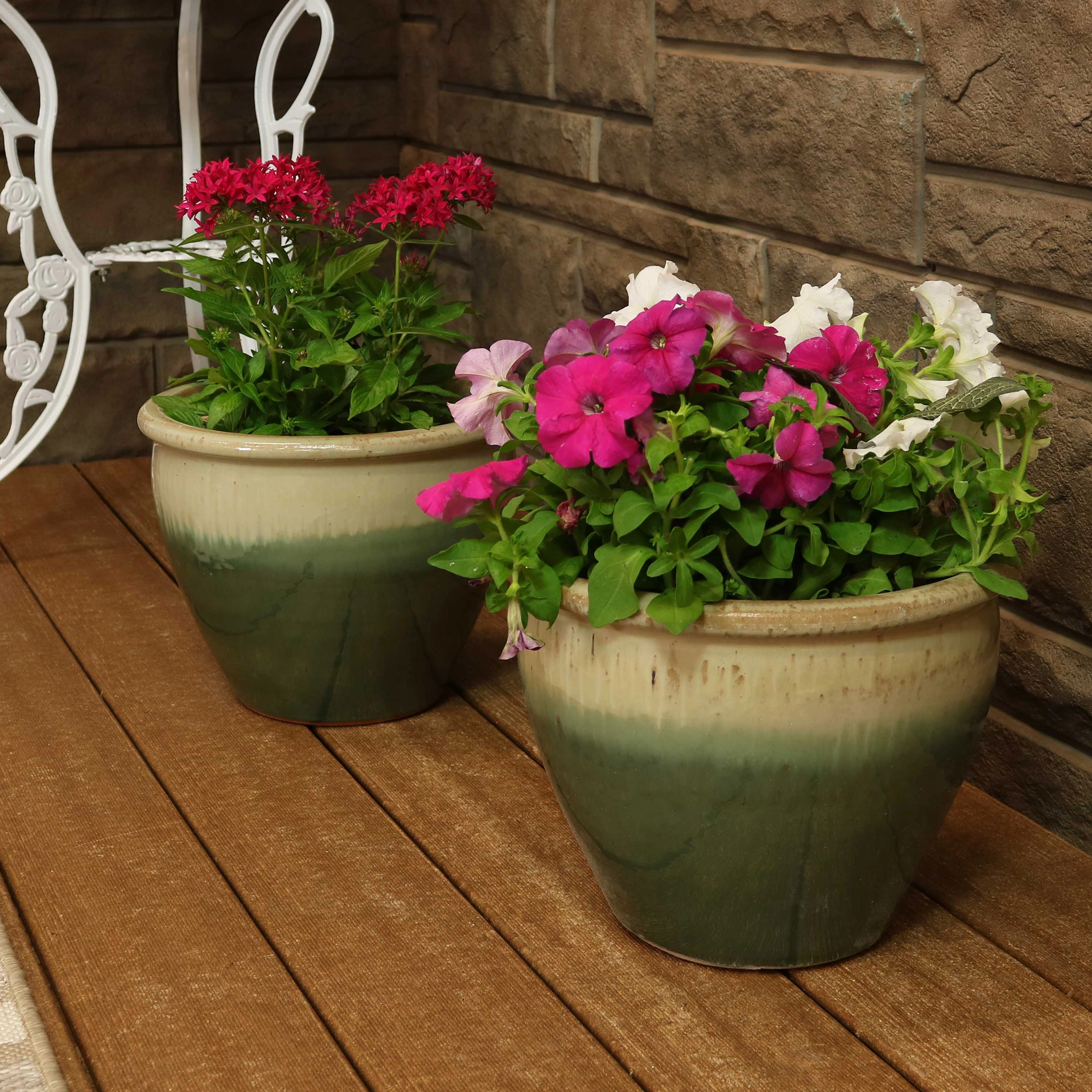 Sunnydaze Chalet Glazed Ceramic Planter with Drainage Holes - Set of 2