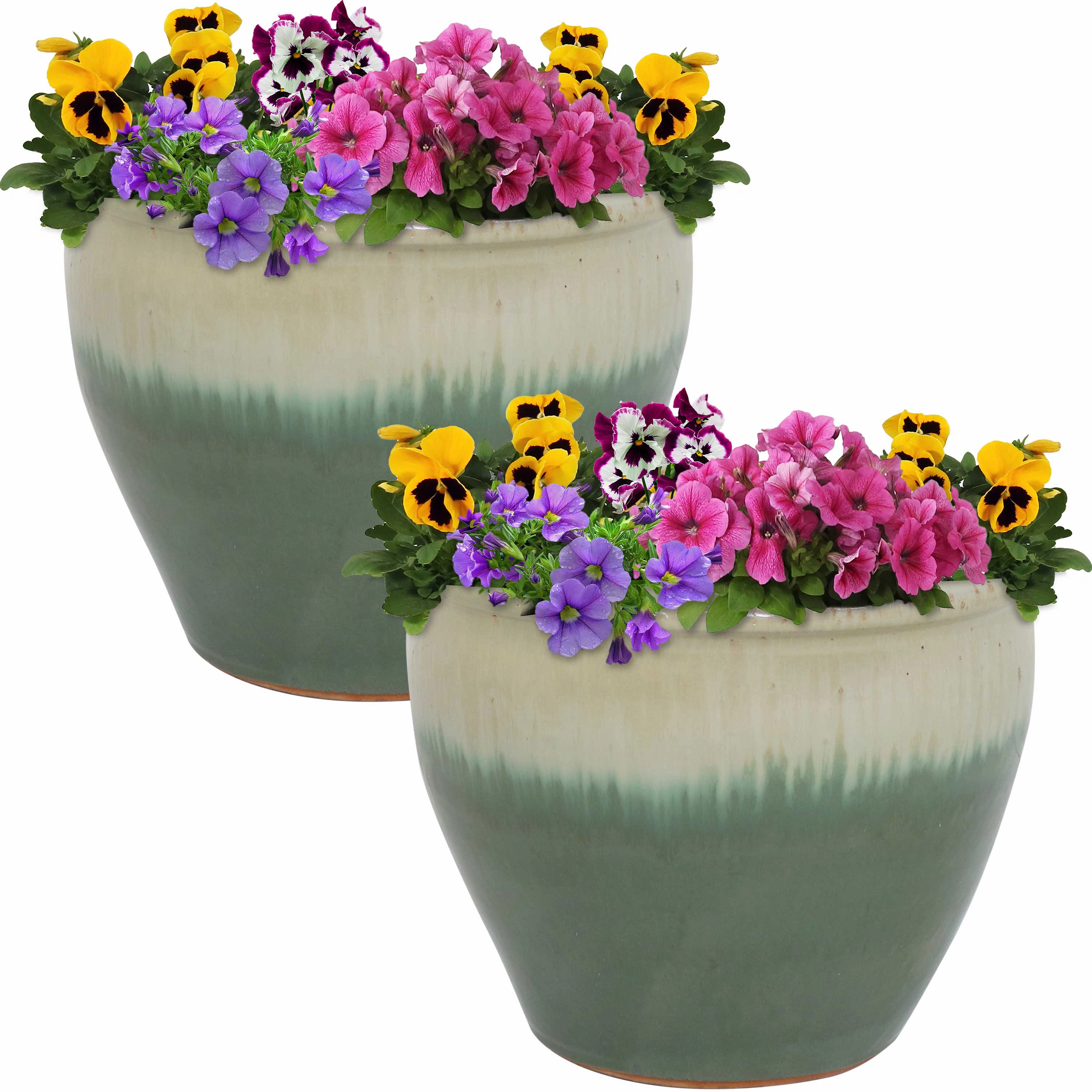 Sunnydaze Chalet Glazed Ceramic Planter with Drainage Holes - Set of 2
