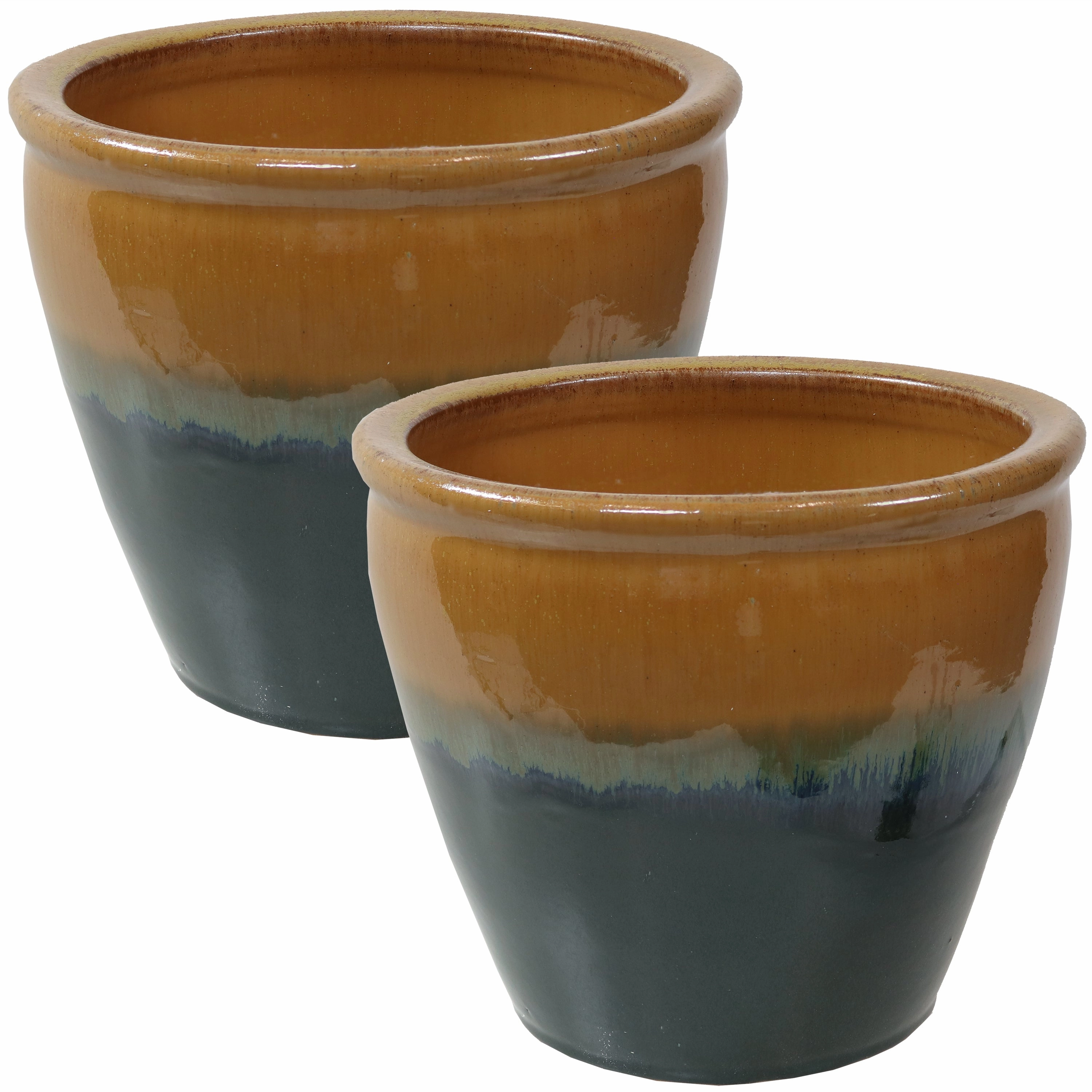 Sunnydaze Chalet Glazed Ceramic Planter with Drainage Holes - Set of 2