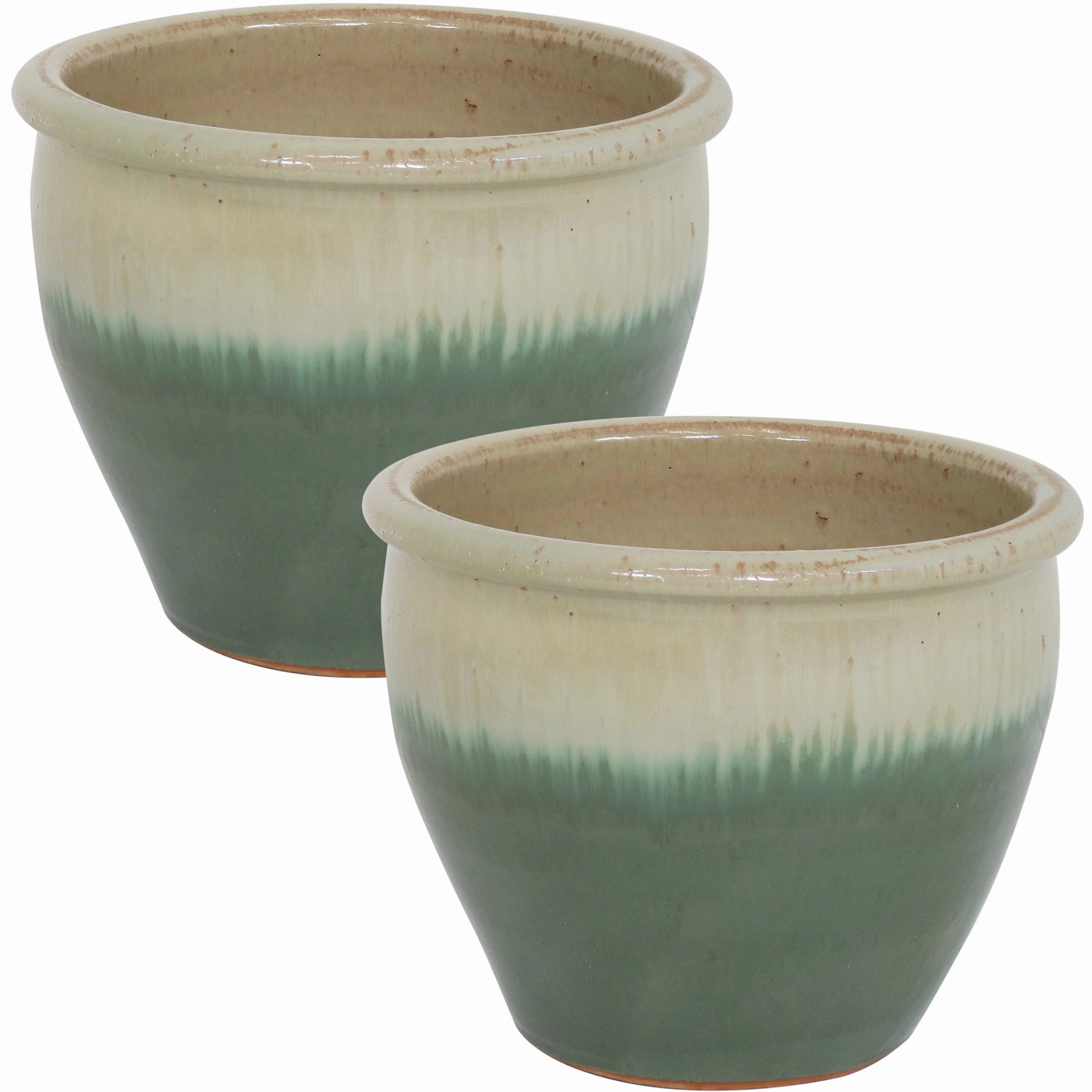 Sunnydaze Chalet Glazed Ceramic Planter with Drainage Holes - Set of 2