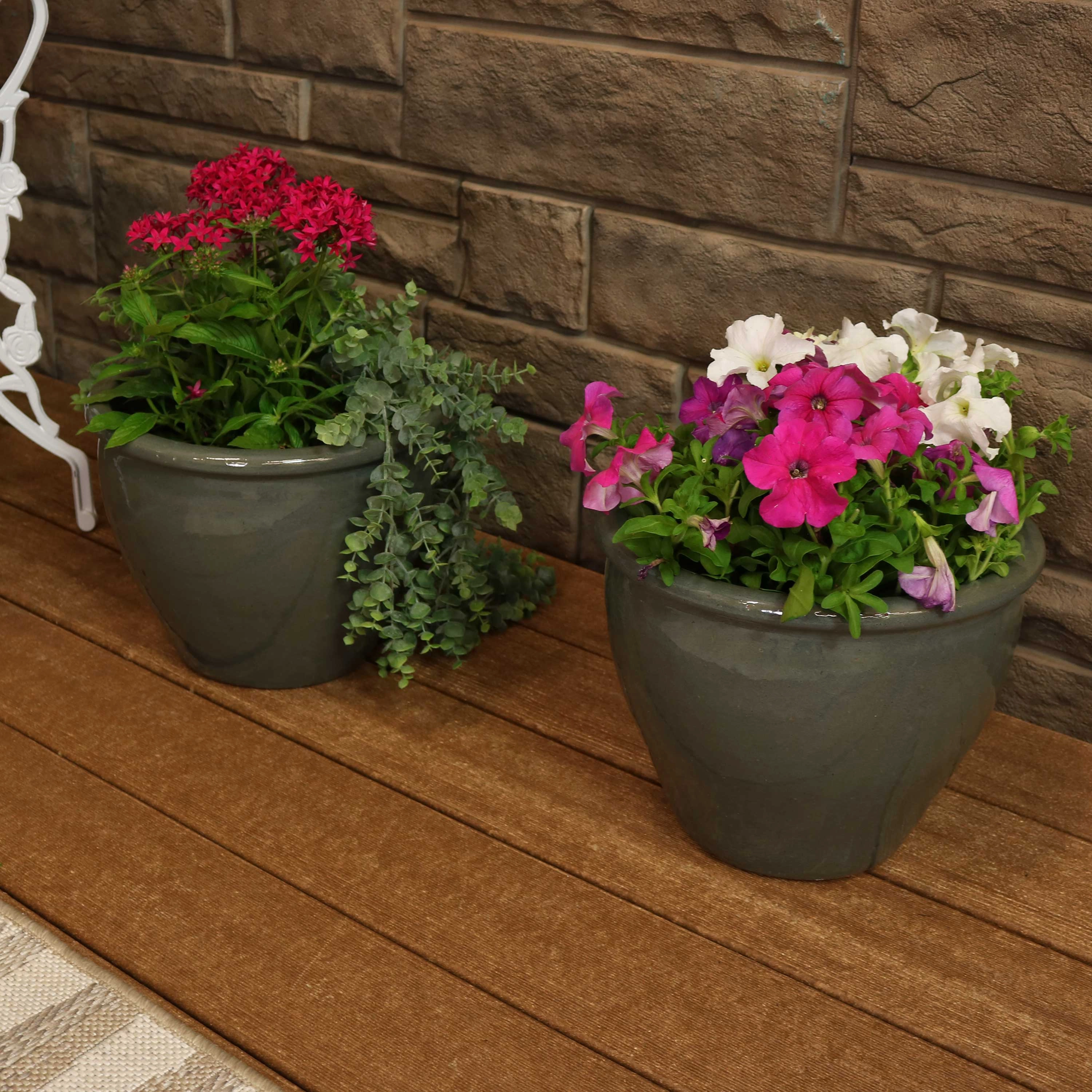 Sunnydaze Chalet Glazed Ceramic Planter with Drainage Holes - Set of 2