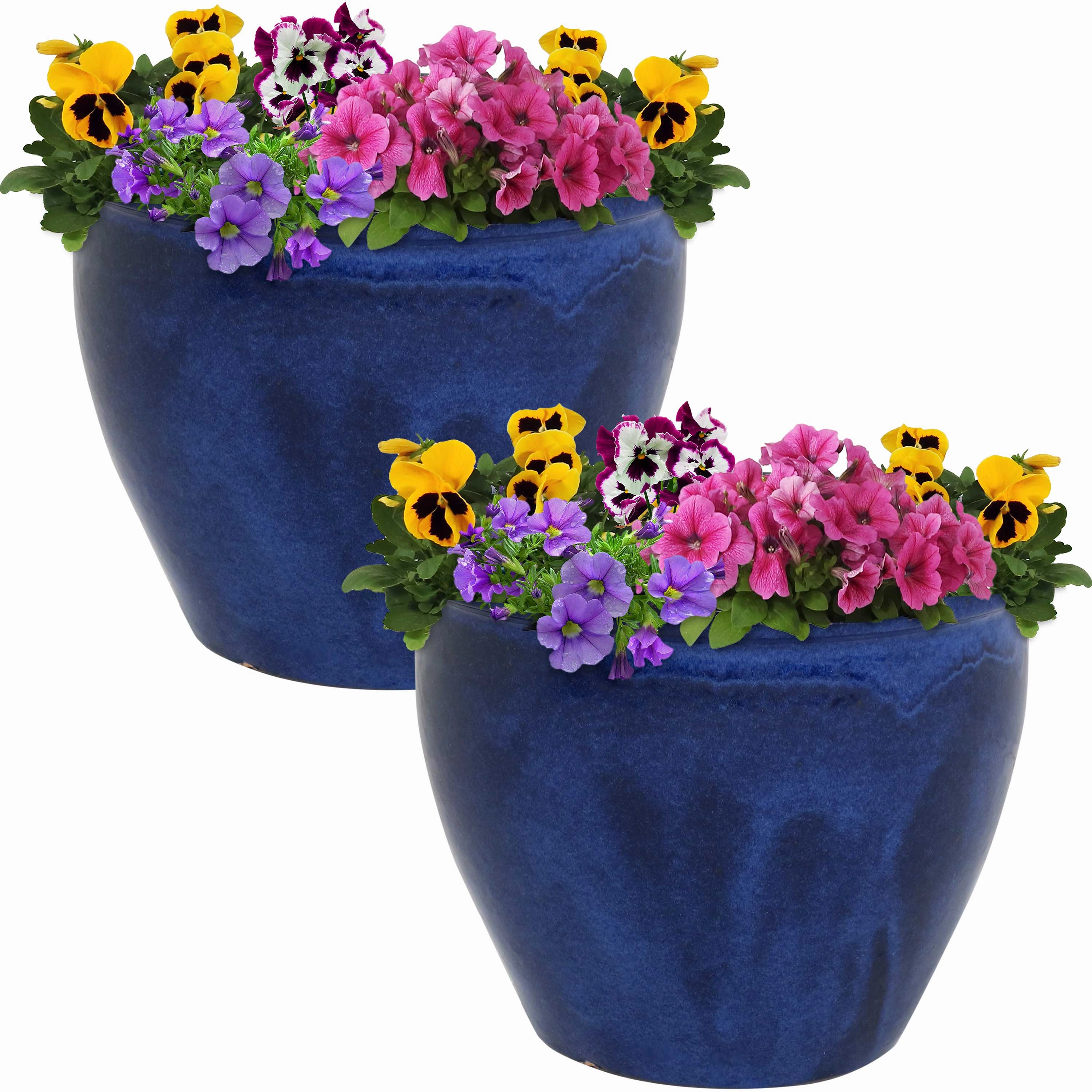 Sunnydaze Chalet Glazed Ceramic Planter with Drainage Holes - Set of 2
