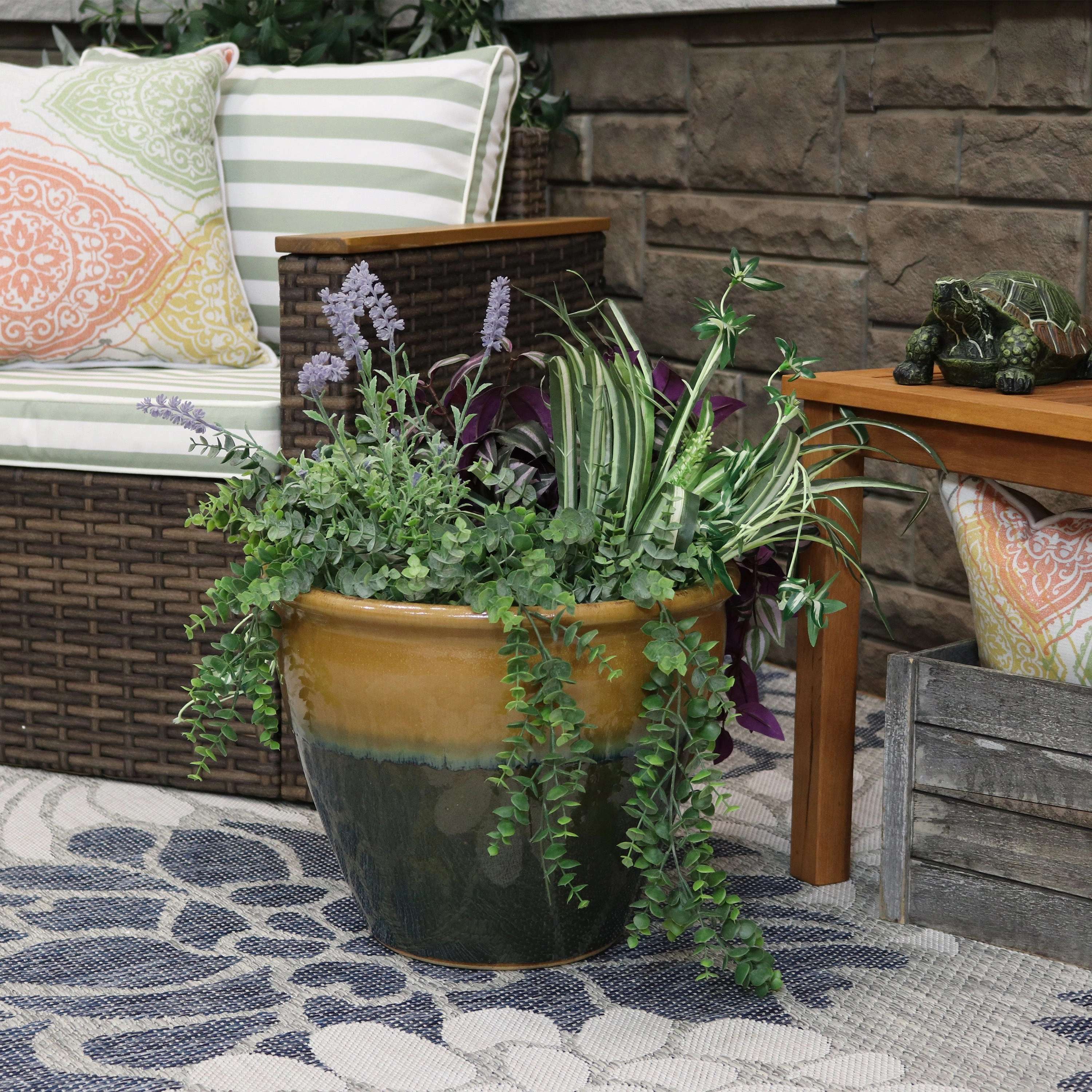 Sunnydaze Chalet Round Glazed Ceramic Planter with Drainage
