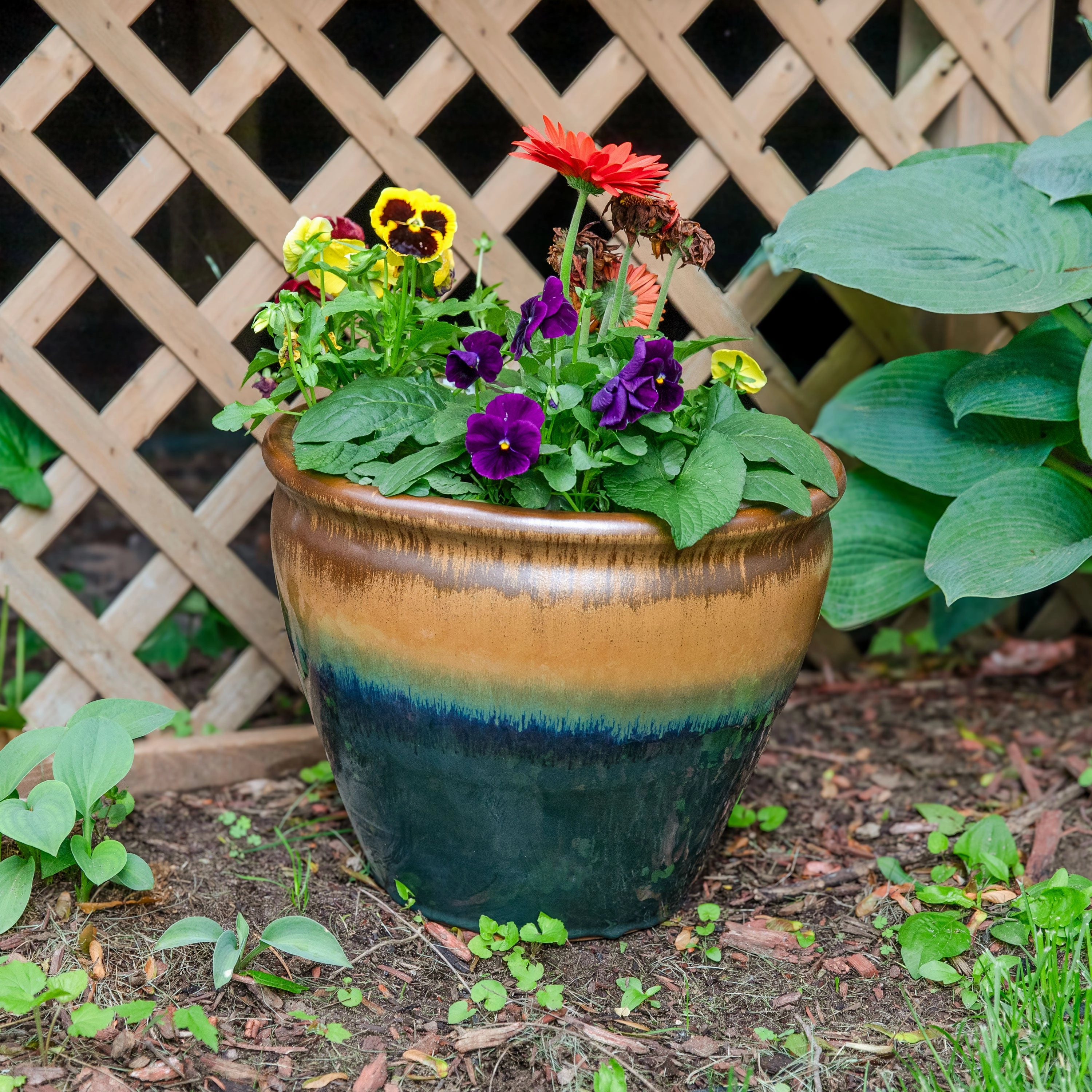 Sunnydaze Chalet Round Glazed Ceramic Planter with Drainage