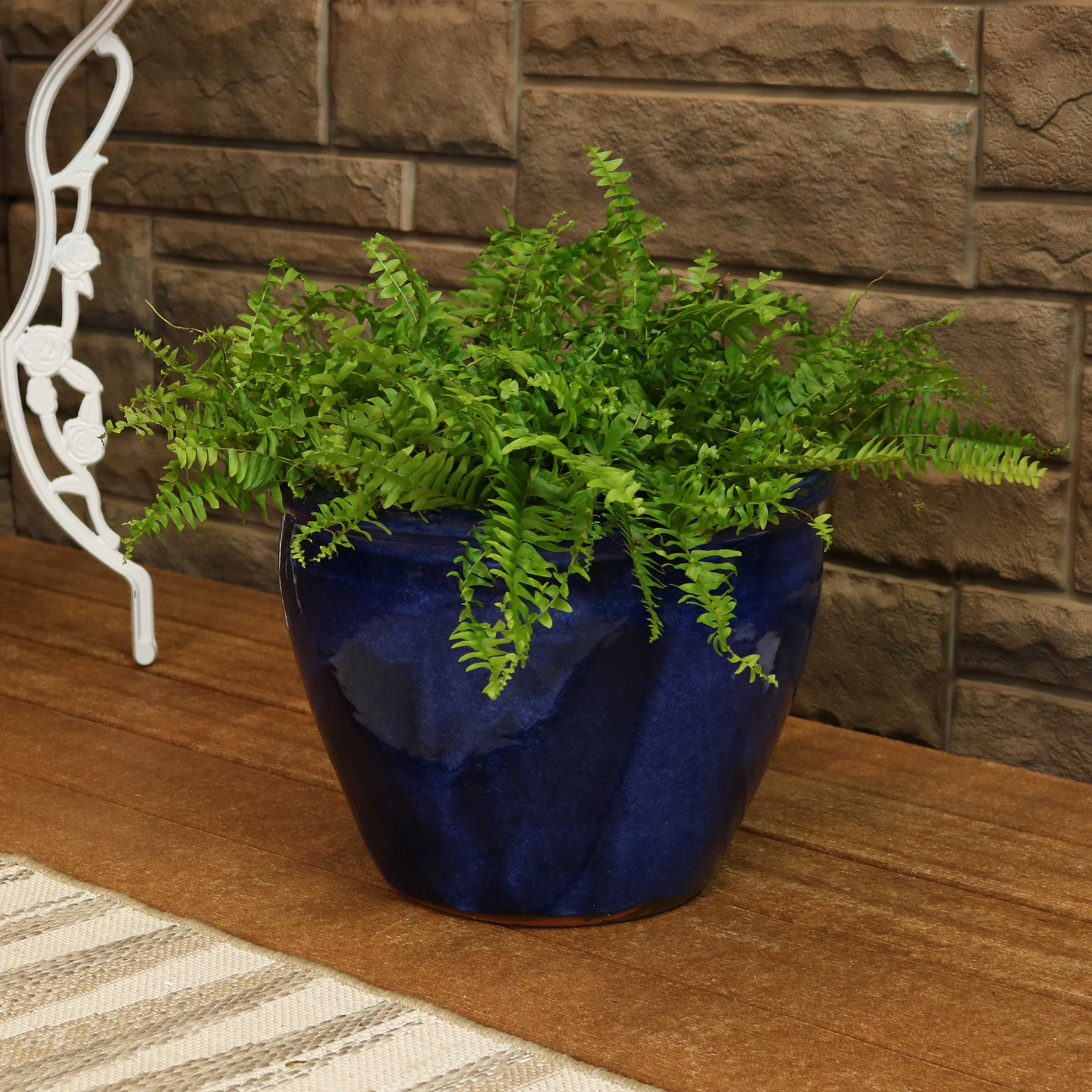 Sunnydaze Chalet Round Glazed Ceramic Planter with Drainage