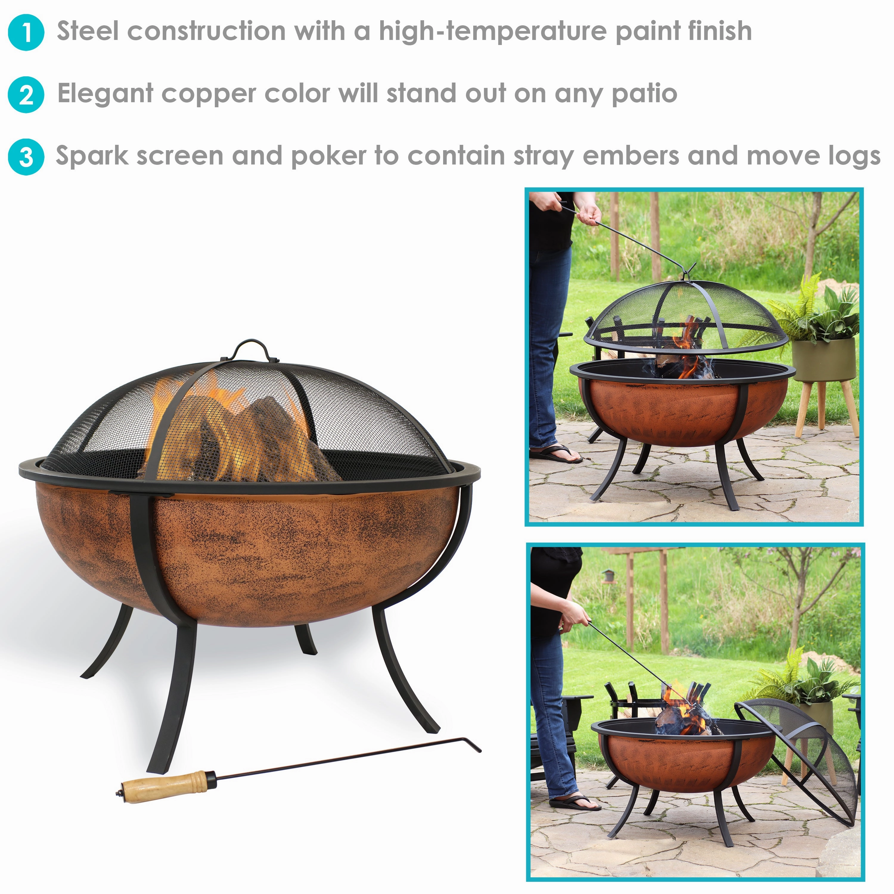 Sunnydaze Copper Raised Outdoor Fire Pit Bowl with Spark Screen - 32"