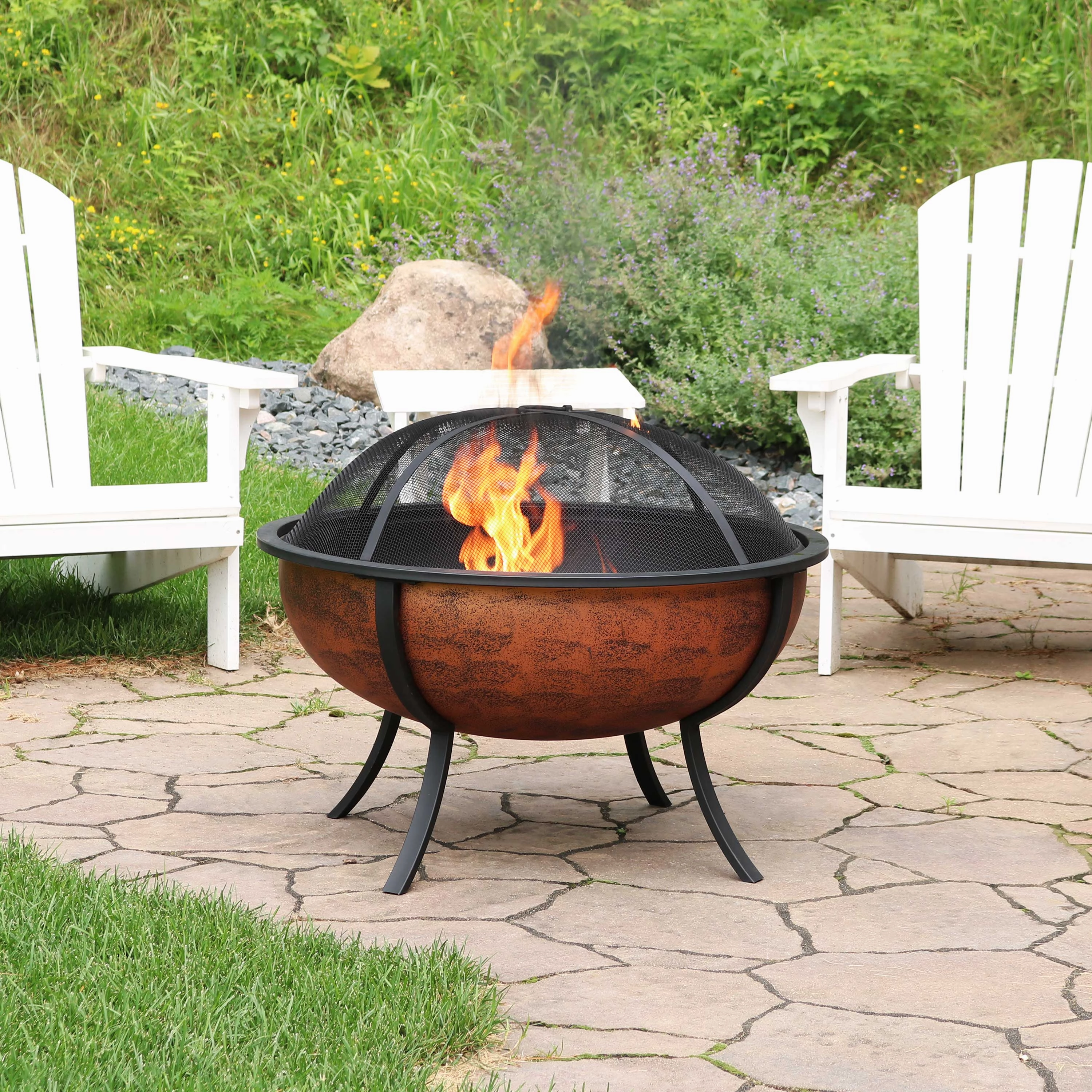 Sunnydaze Copper Raised Outdoor Fire Pit Bowl with Spark Screen - 32"