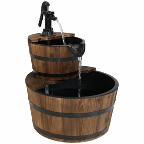 Sunnydaze Country 2-Tier Wood Barrel Water Fountain with Hand Pumpoutdoor garden water fountain