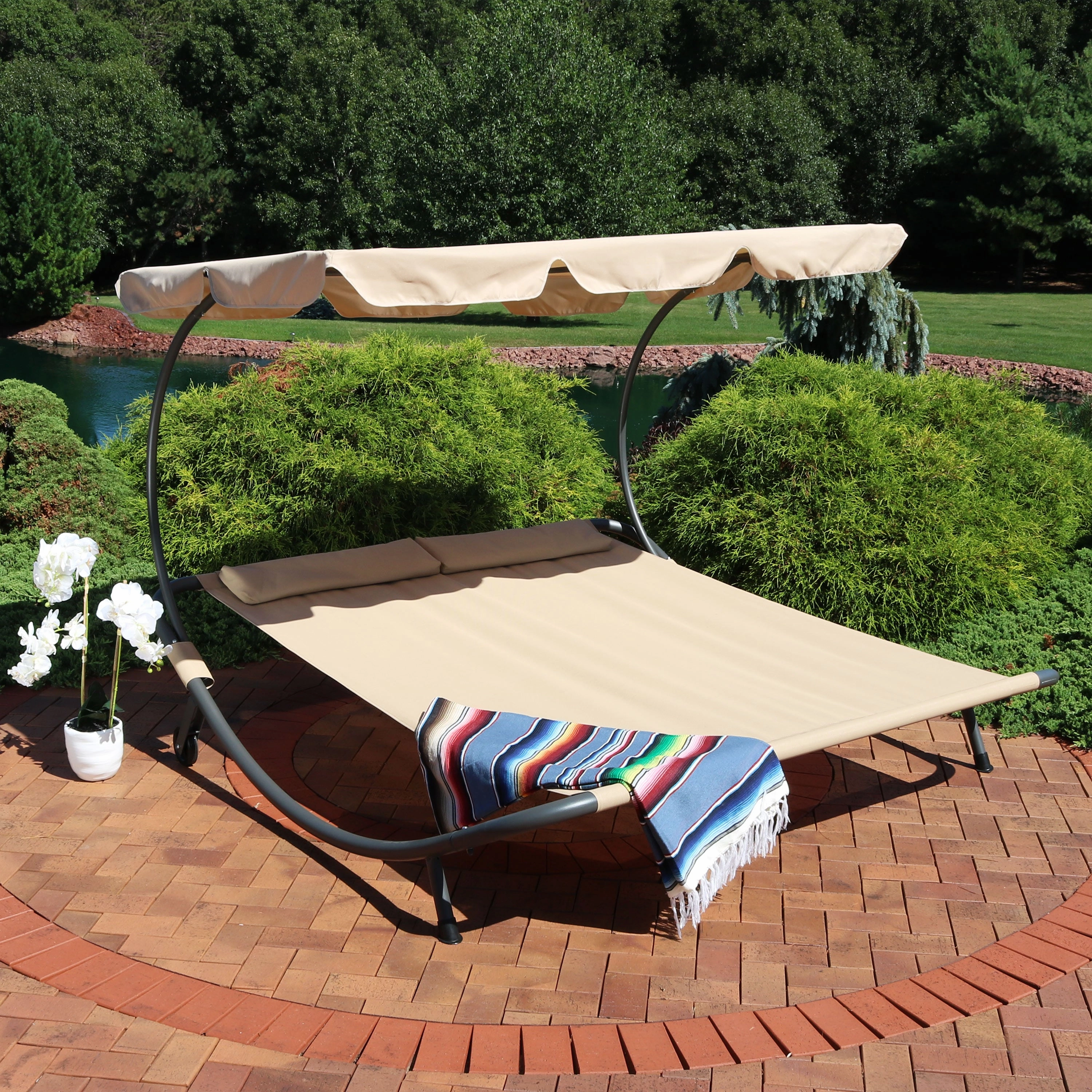 Sunnydaze Double Modern Outdoor Lounging Bed with Canopy and Headrest Pillows - Beige