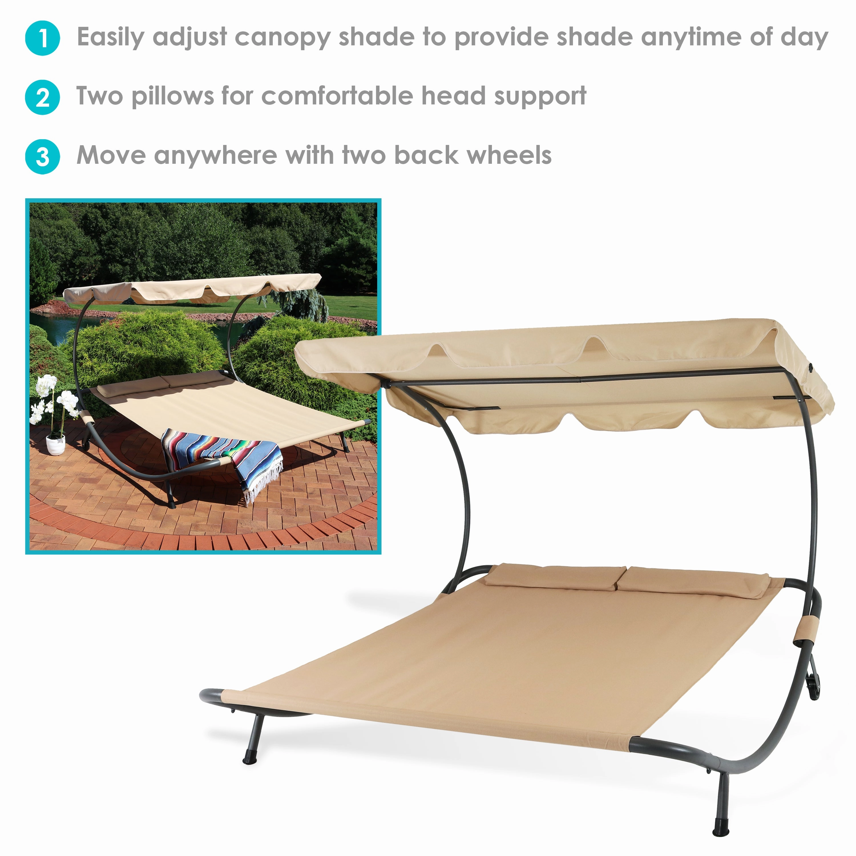 Sunnydaze Double Modern Outdoor Lounging Bed with Canopy and Headrest Pillows - Beige