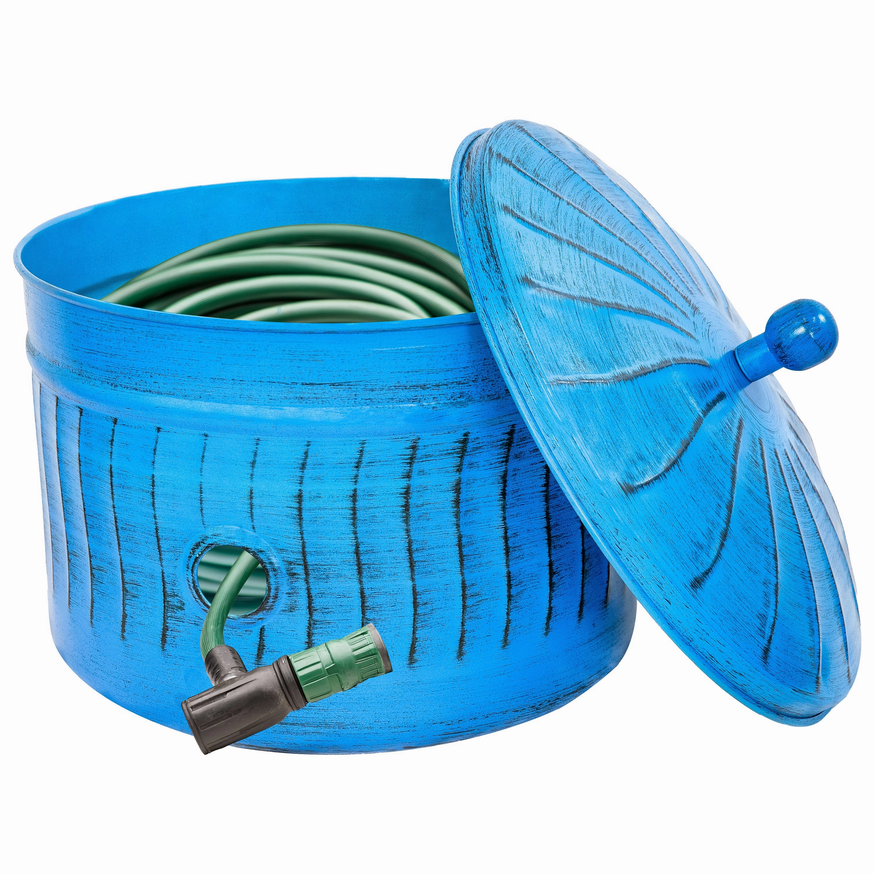 Sunnydaze Embossed Metal Garden Hose Holder Pot with Lid - Blue Patina