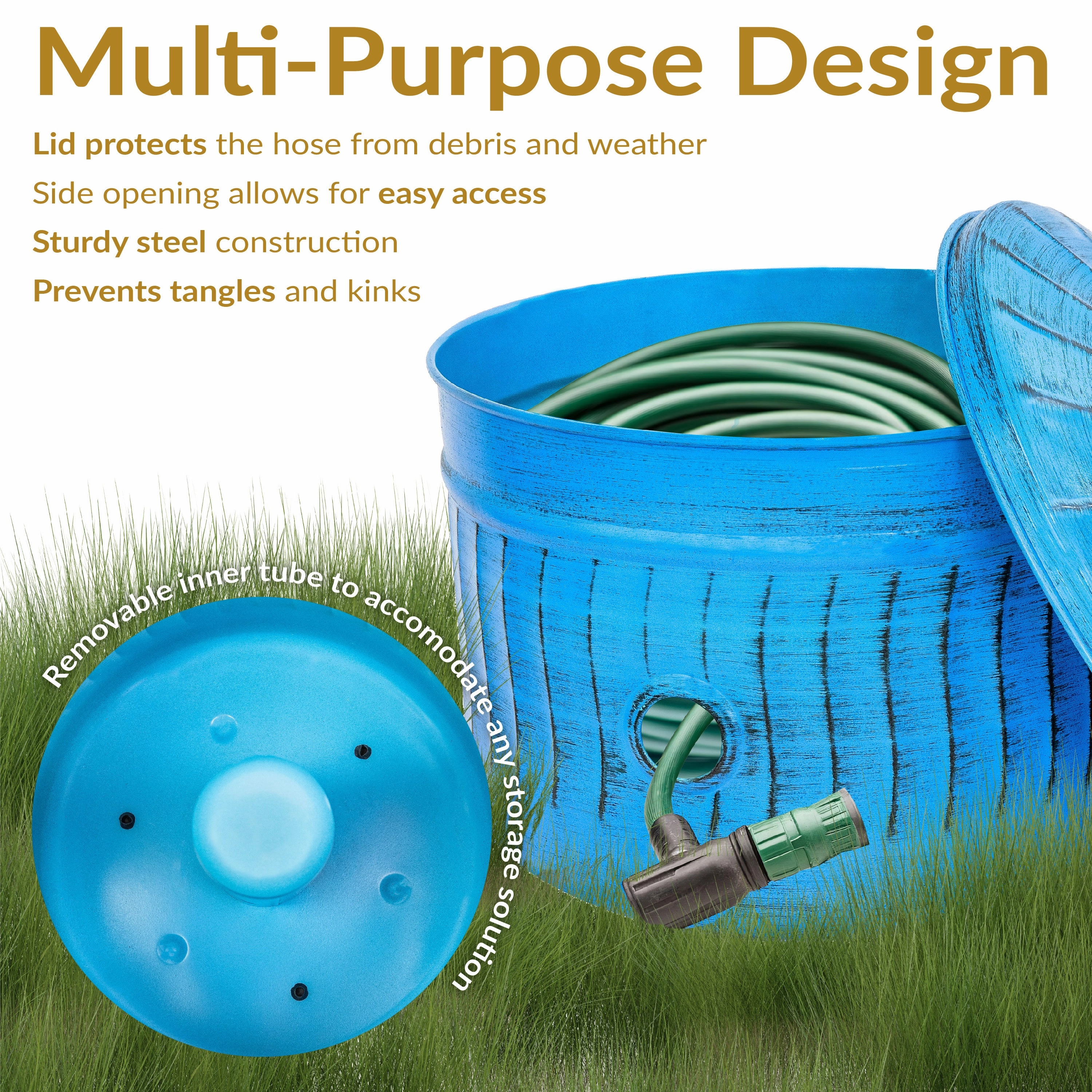 Sunnydaze Embossed Metal Garden Hose Holder Pot with Lid - Blue Patina
