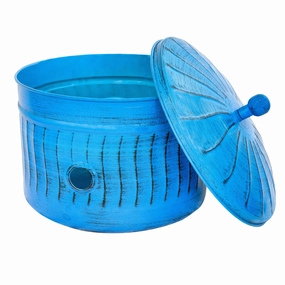 Sunnydaze Embossed Metal Garden Hose Holder Pot with Lid - Blue Patina decorative outdoor planter box designs