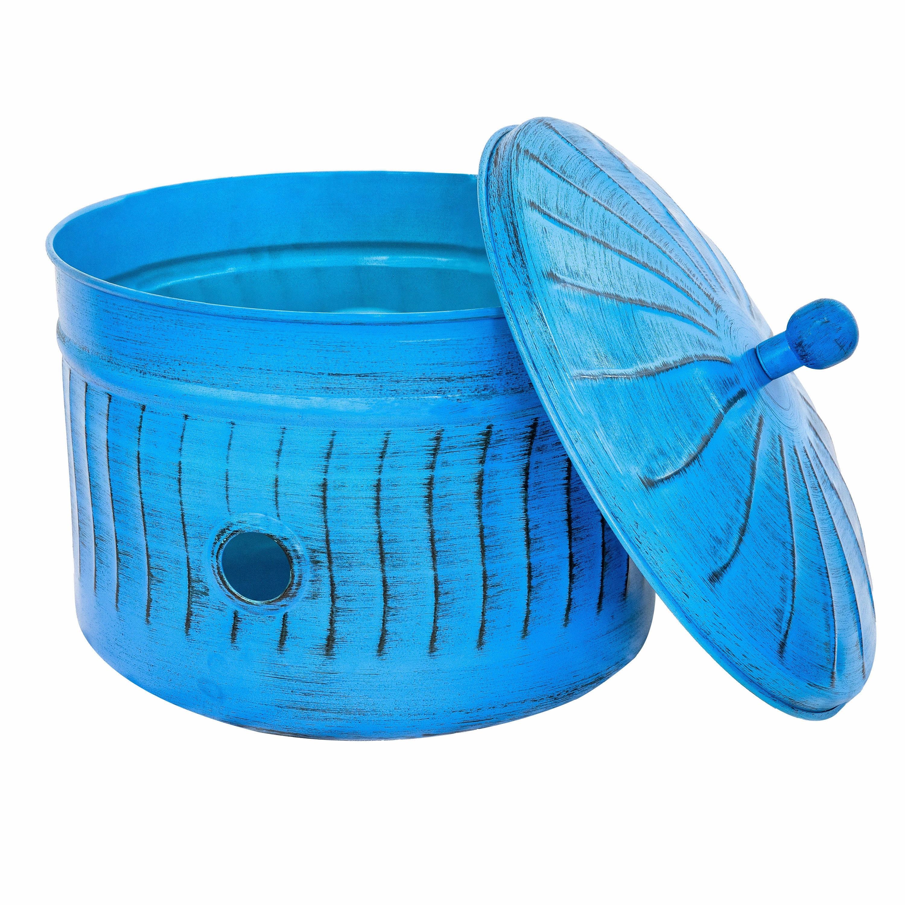 Sunnydaze Embossed Metal Garden Hose Holder Pot with Lid - Blue Patina decorative outdoor planter box designs
