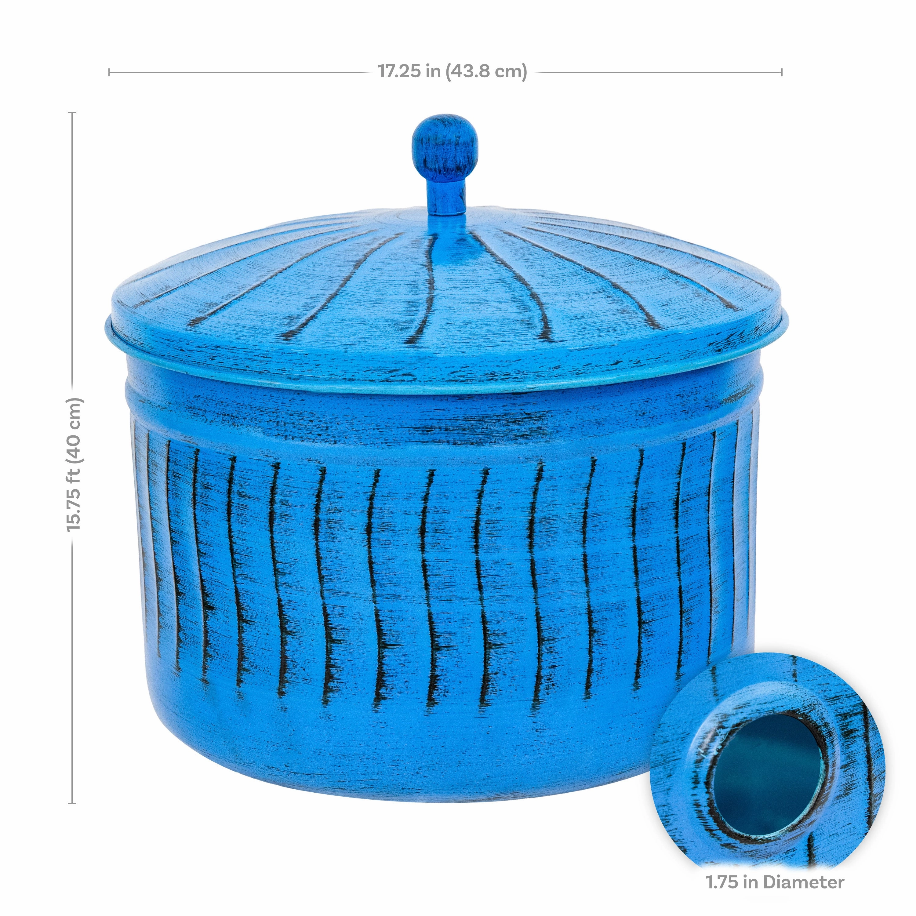 Sunnydaze Embossed Metal Garden Hose Holder Pot with Lid - Blue Patina