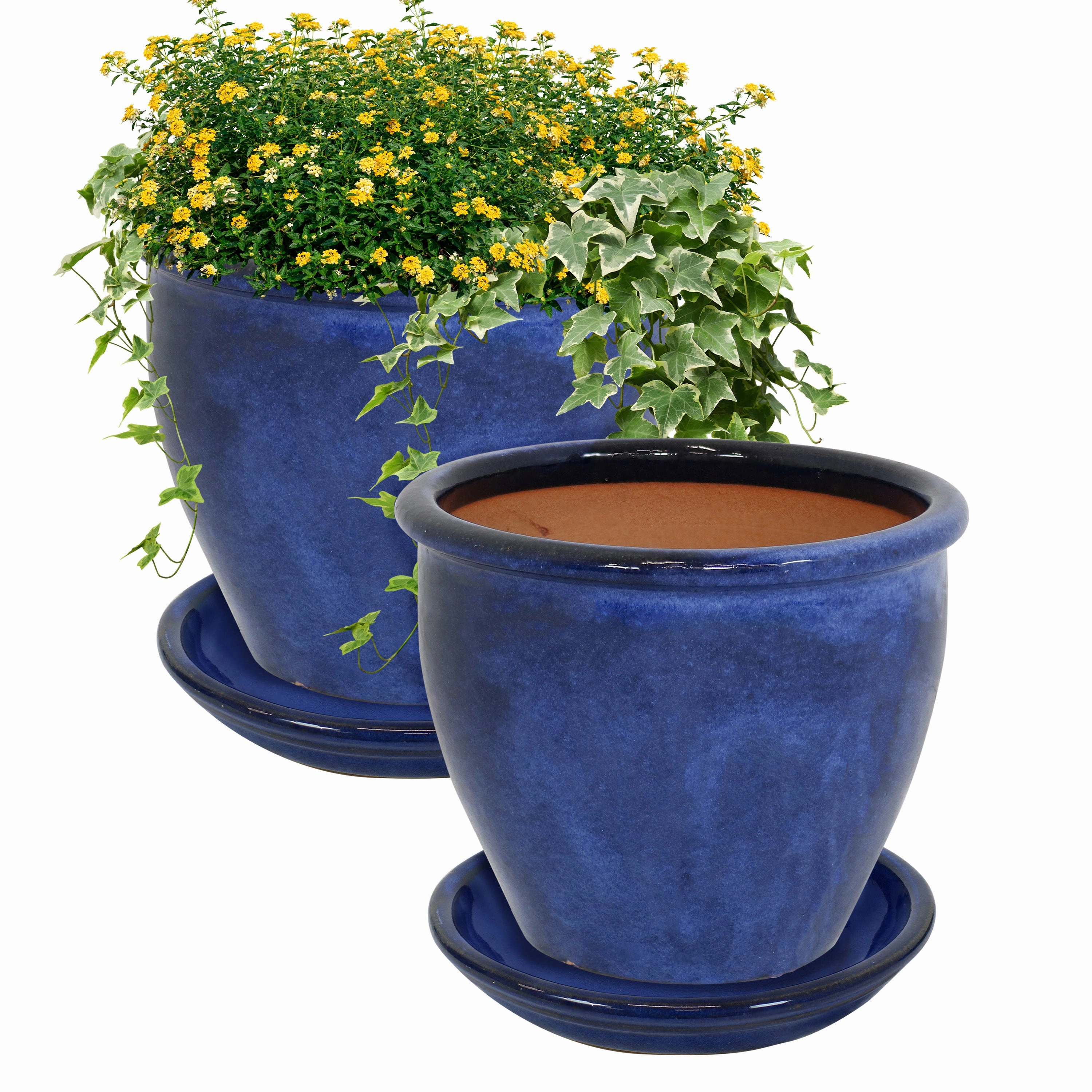 Sunnydaze Glazed Ceramic Planters with Saucers - Set of 2