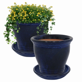 Sunnydaze Glazed Ceramic Planters with Saucers - Set of 2 decorative outdoor planter box designs