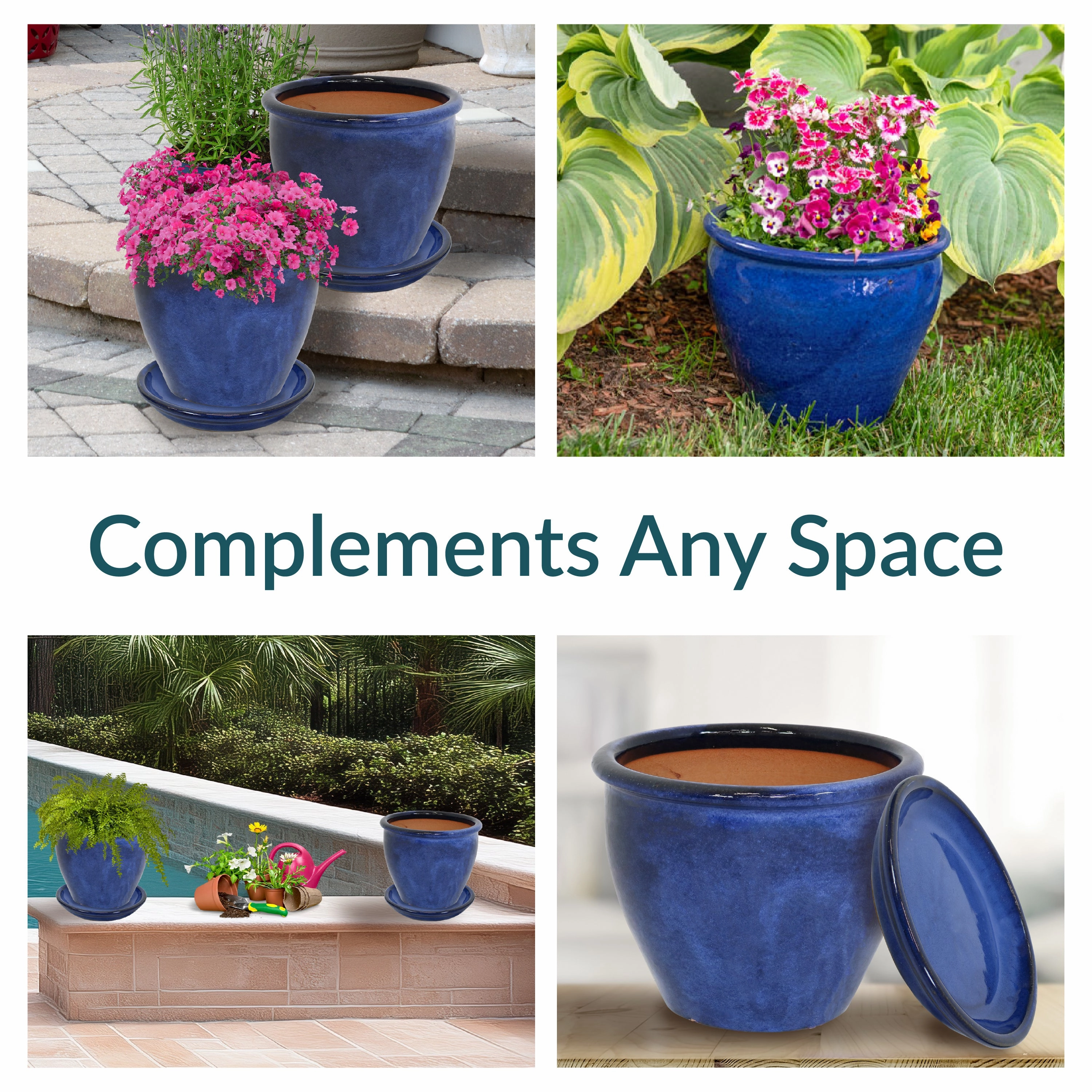 Sunnydaze Glazed Ceramic Planters with Saucers - Set of 2