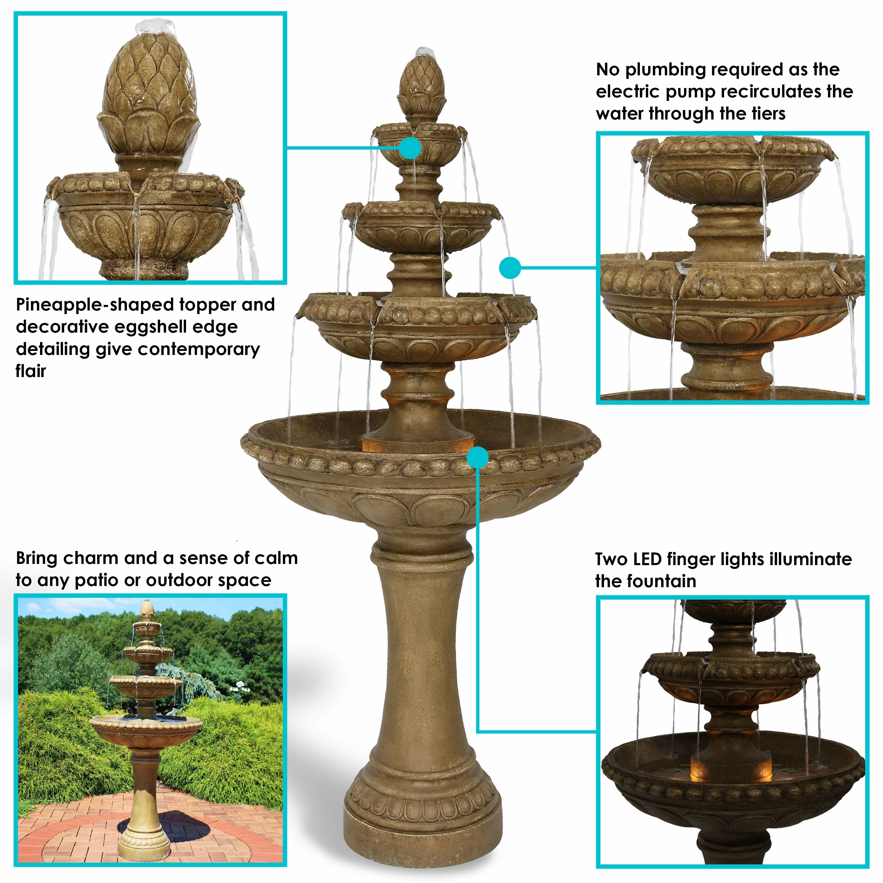 Sunnydaze Large 4-Tier Outdoor Water Fountain with LED Light - 65"