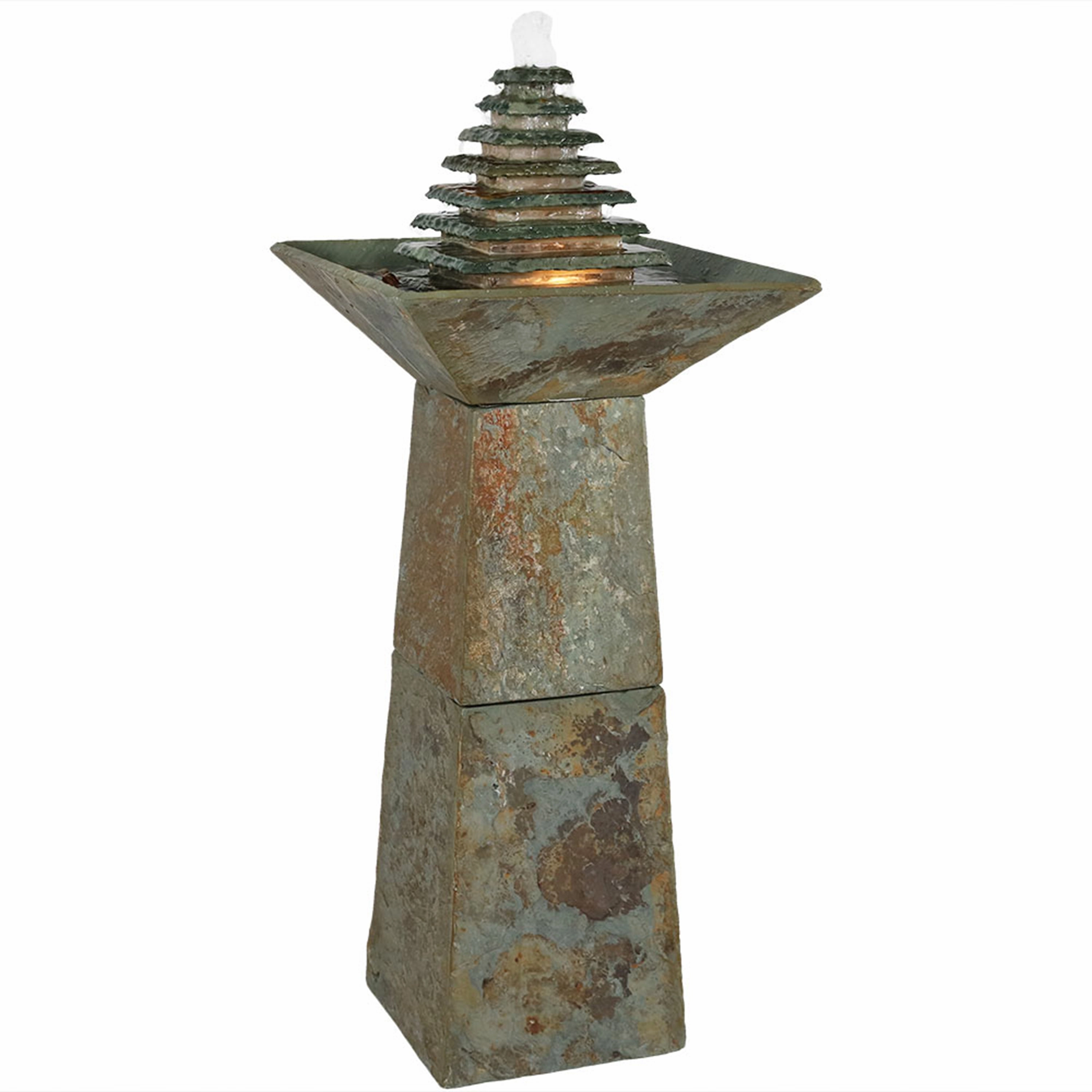 Sunnydaze Layered Pyramid Slate Outdoor Fountain with LED Light - 40"outdoor garden water fountain