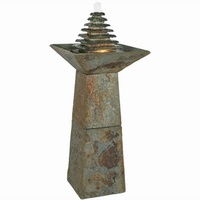 Sunnydaze Layered Pyramid Slate Outdoor Fountain with LED Light - 40"outdoor garden water fountain