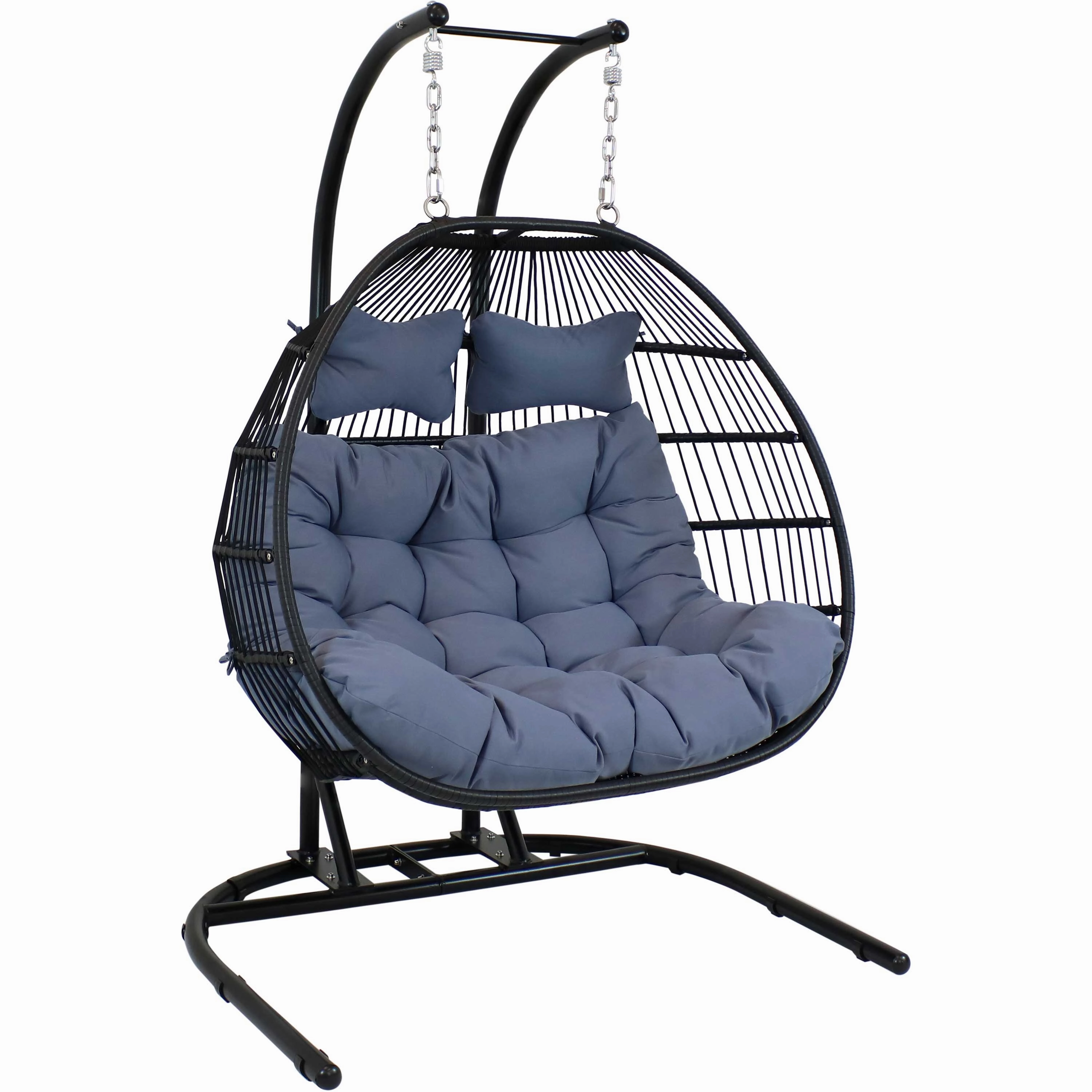 Sunnydaze Liza Loveseat Egg Chair with Gray Cushions and Standegg swing chair for outdoor use