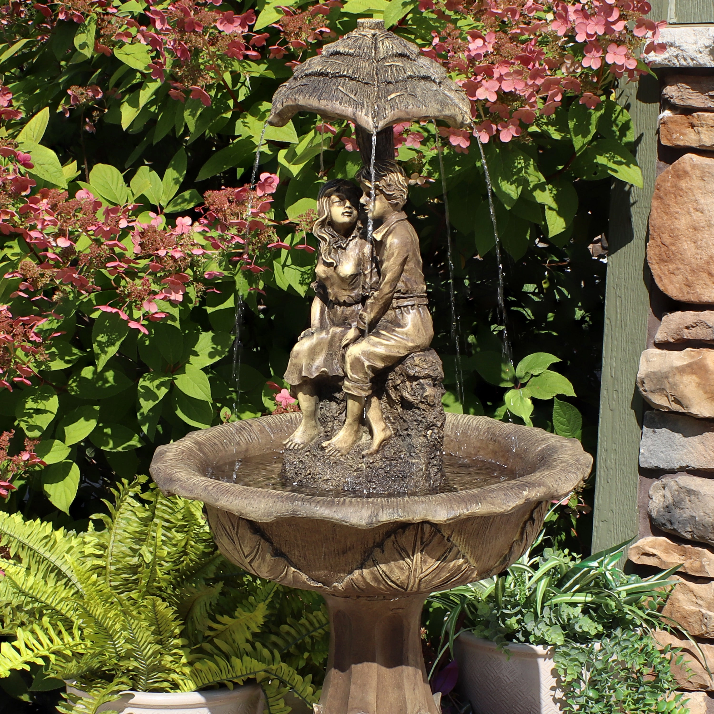 Sunnydaze Lovers Umbrella Solar-Powered Fountain with Battery Backup and Lights - 43"