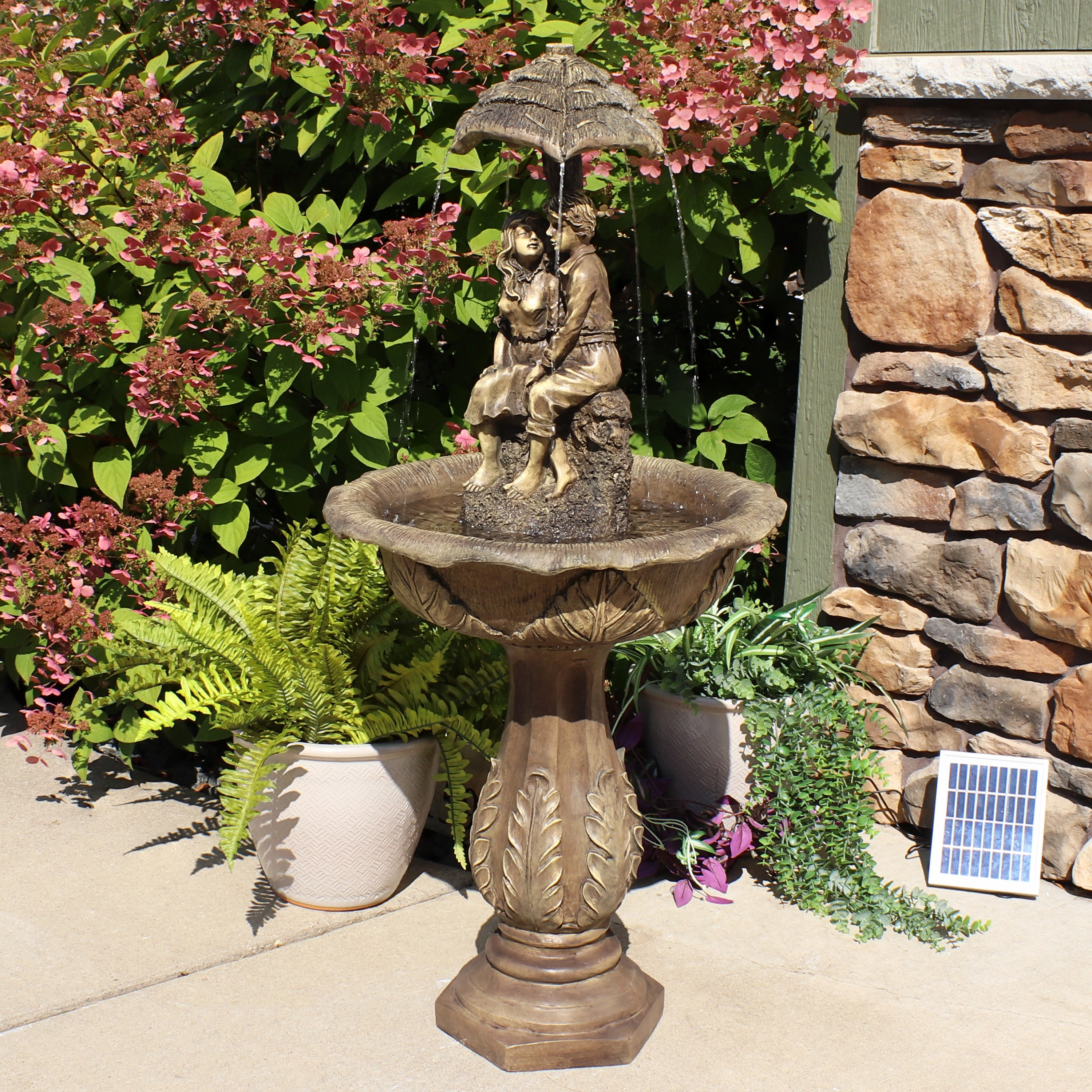 Sunnydaze Lovers Umbrella Solar-Powered Fountain with Battery Backup and Lights - 43"