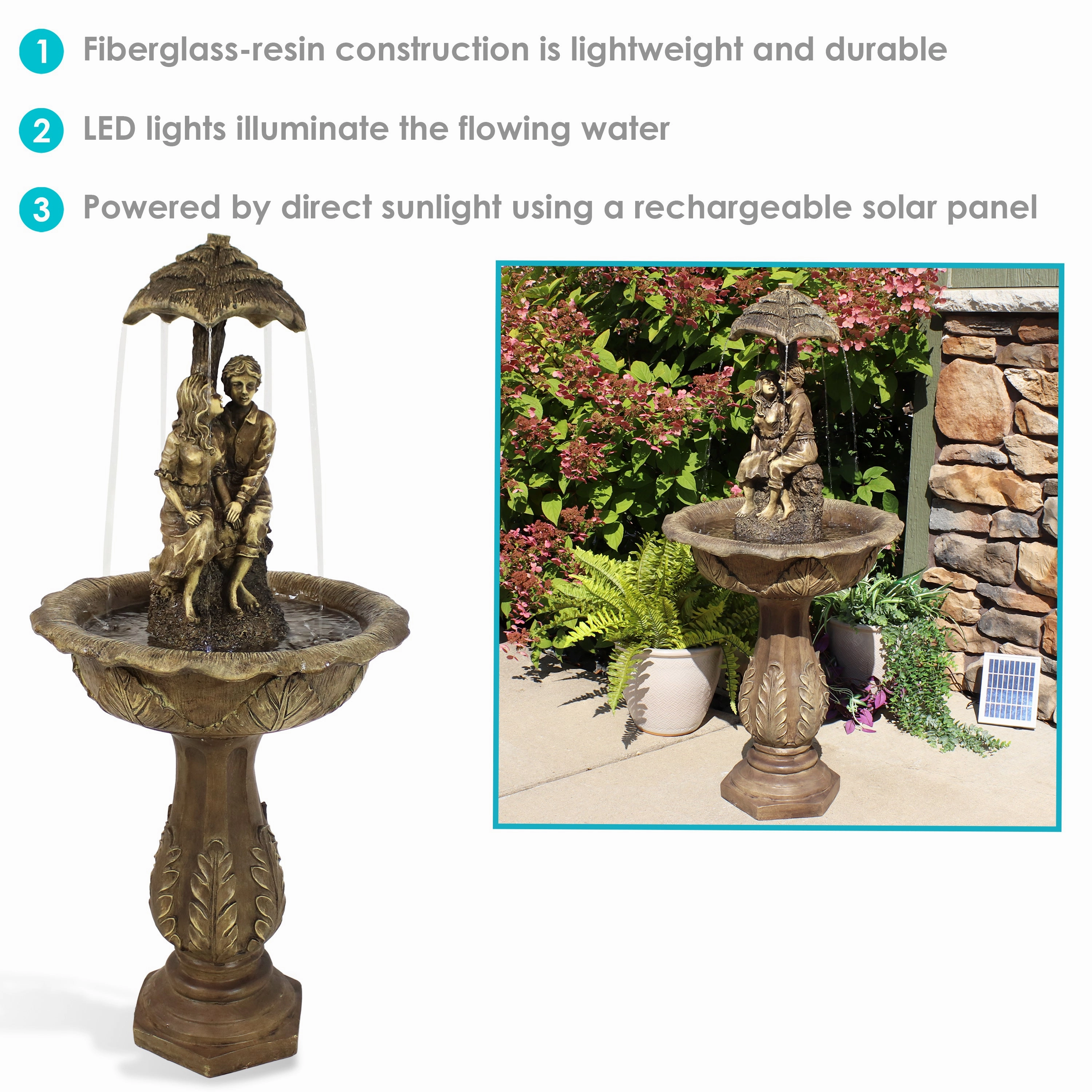 Sunnydaze Lovers Umbrella Solar-Powered Fountain with Battery Backup and Lights - 43"