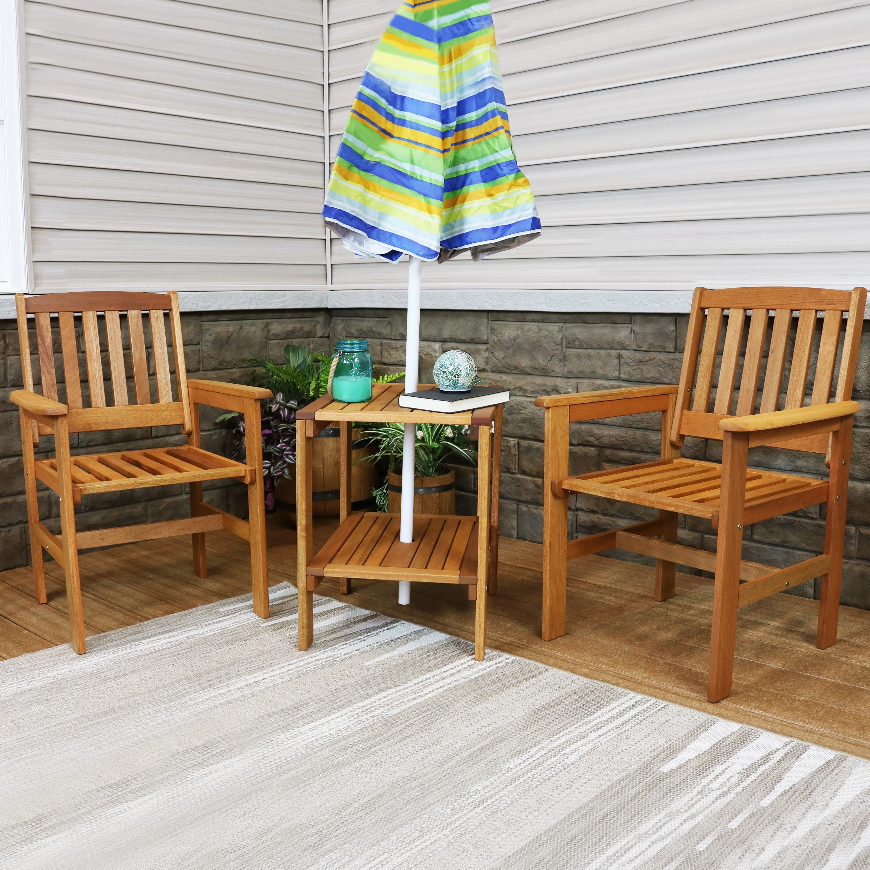 Sunnydaze Meranti Wood 3-Piece Outdoor Patio Conversation Set